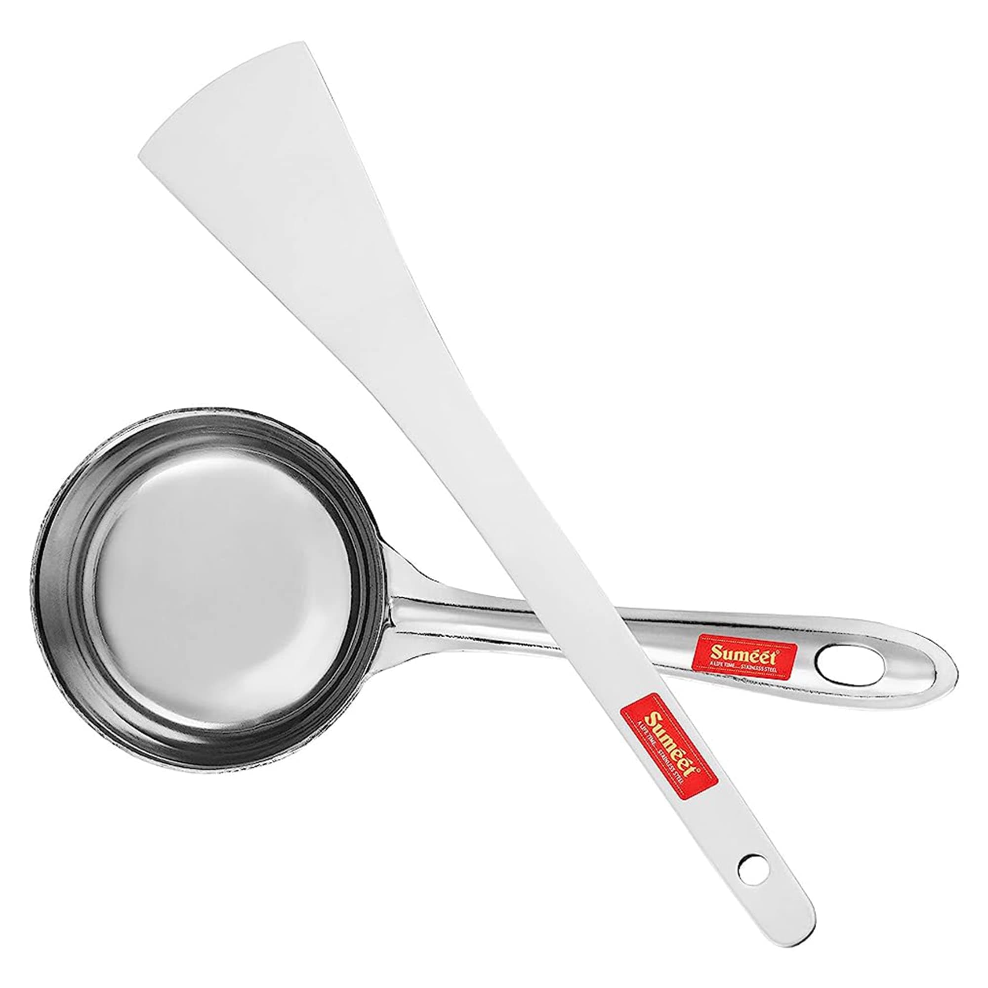 Sumeet Stainless Steel Perfect Dosa Making Spoon/Ladle Set of 2 Pcs (1 Turner, 1 Short Pour Ladle with Flat Base)