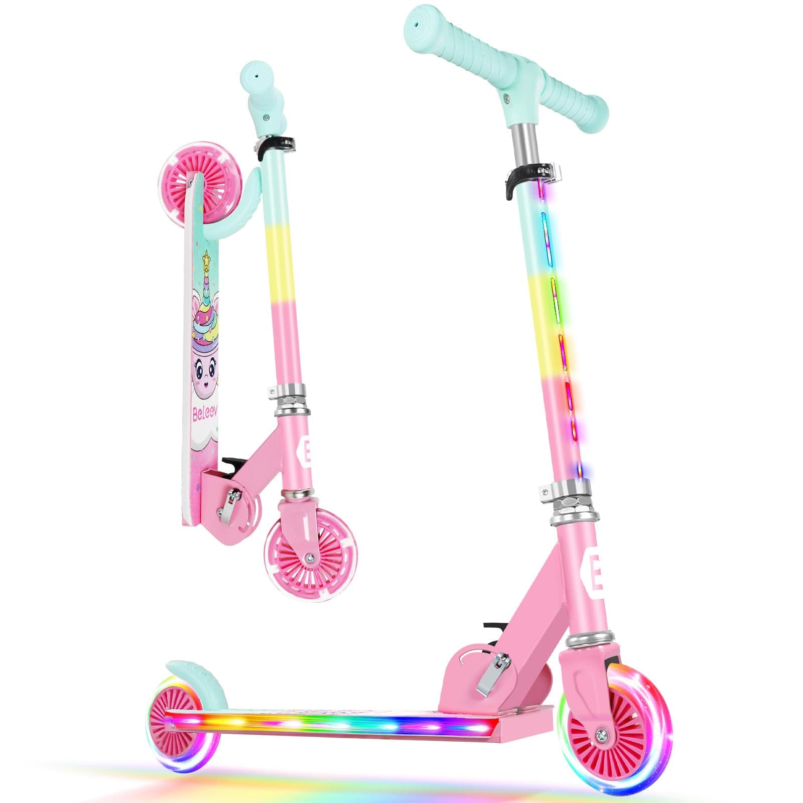 BELEEV V2 Scooters for Kids with Light-Up Wheels & Stem & Deck, 2 Wheel Folding Scooter for Girls Boys, 3 Adjustable Height, Non-Slip Pattern Deck, Lightweight Kick Scooter for Children Ages 3-12