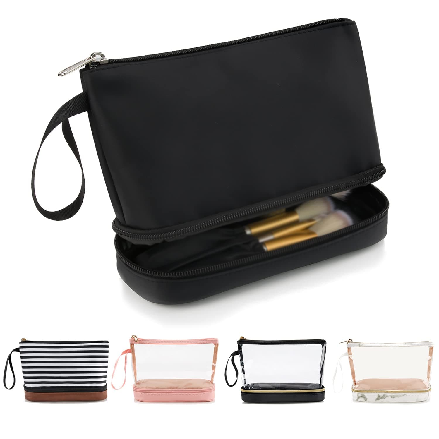 Small Makeup Bag, 2 Layers Travel Makeup Bag with Makeup Brush Holder, Cosmetic Bag Black Make up Pouch for Women/Girls