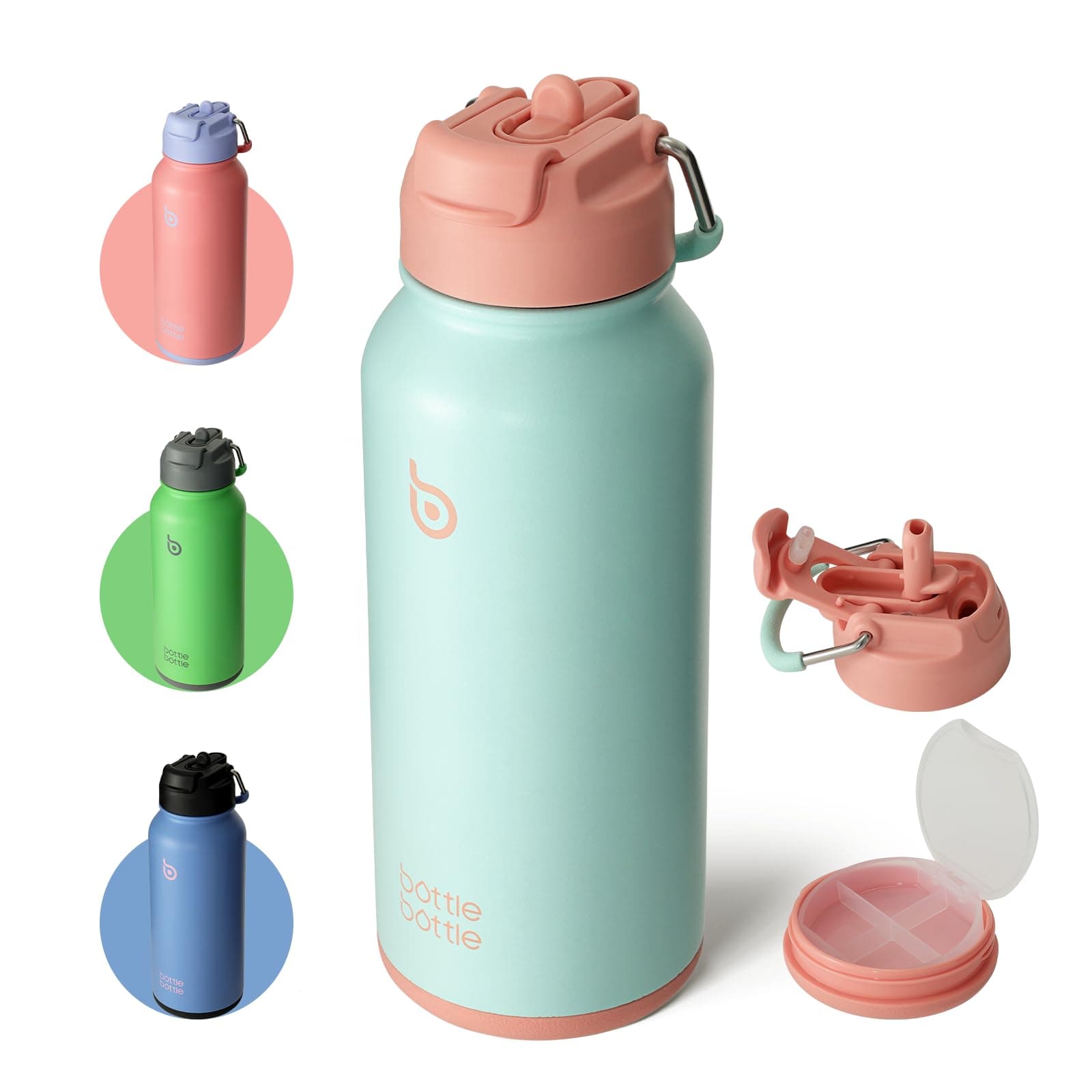 32oz Insulated Water Bottle Stainless Steel Sport Water Bottle with Straw Dual-use Lid Design for Gym with Pill Box
