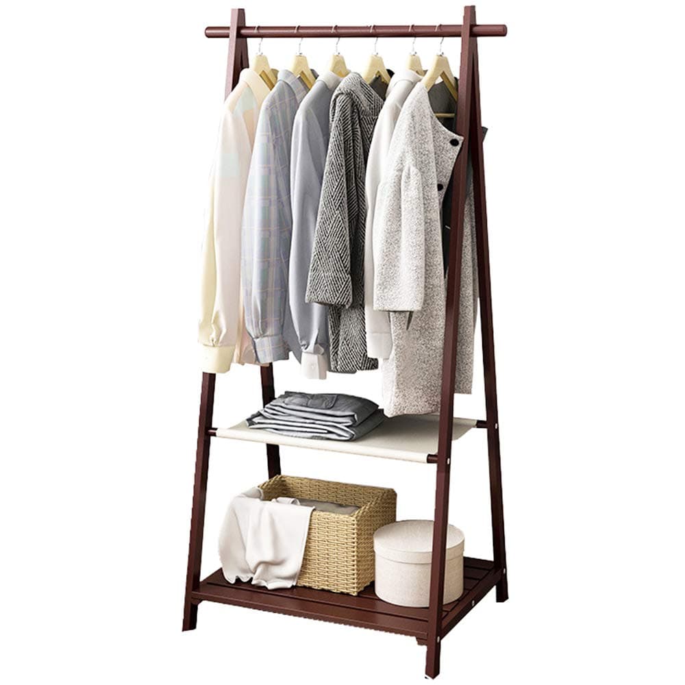FKUO Triangle Wooden Free Standing Coat Rack Entryway Tree Stand Holder with Hooks for Hanging, Double Shelf,Shoe Rack,Clothes and Handbags (Brown)