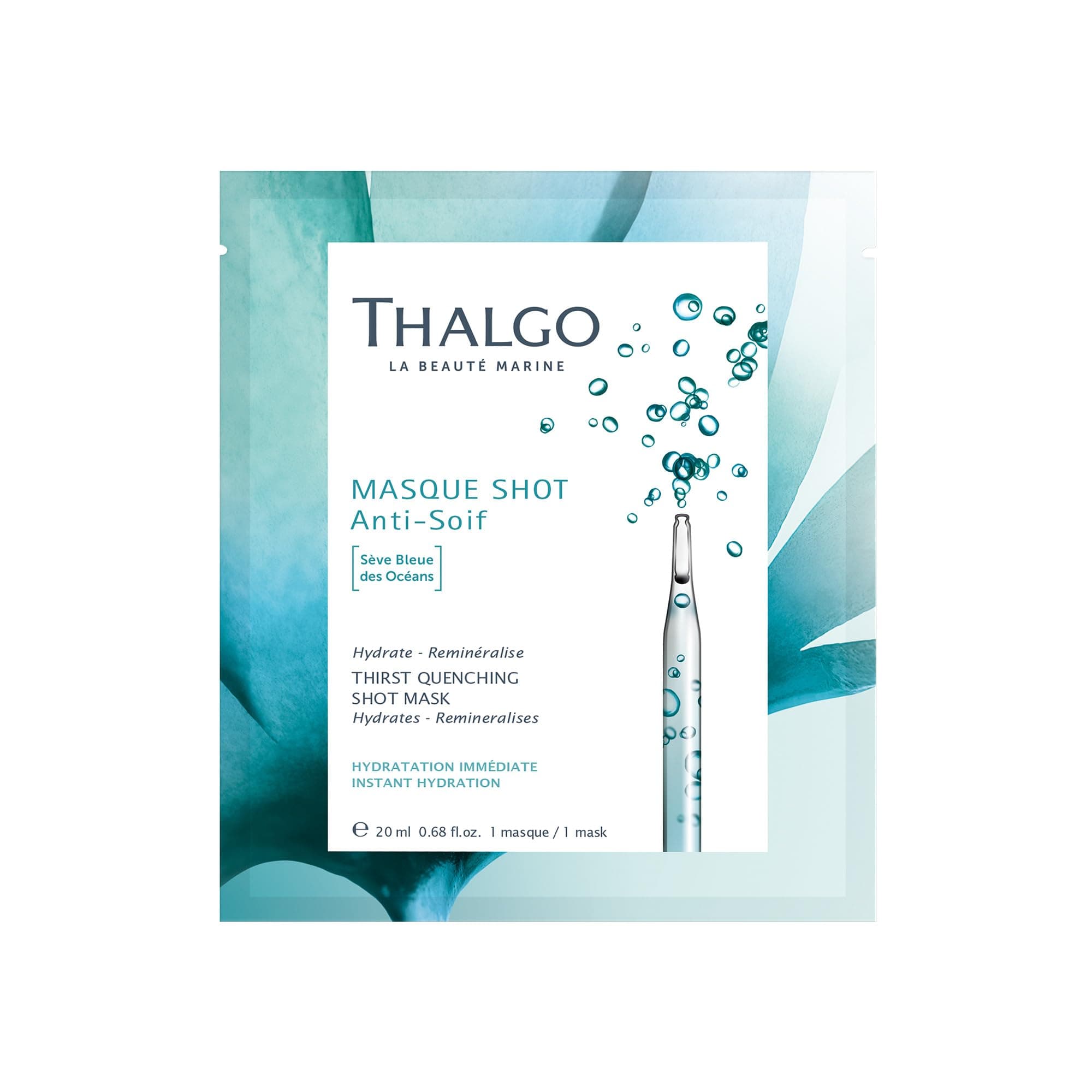 THALGO THALGO Marine Skincare, Thirst Quenching Shot Mask, Blue Ocean Sap and Hyaluronic Acid Face Mask, 1-Mask, 20ml, 0.68 fl. oz.