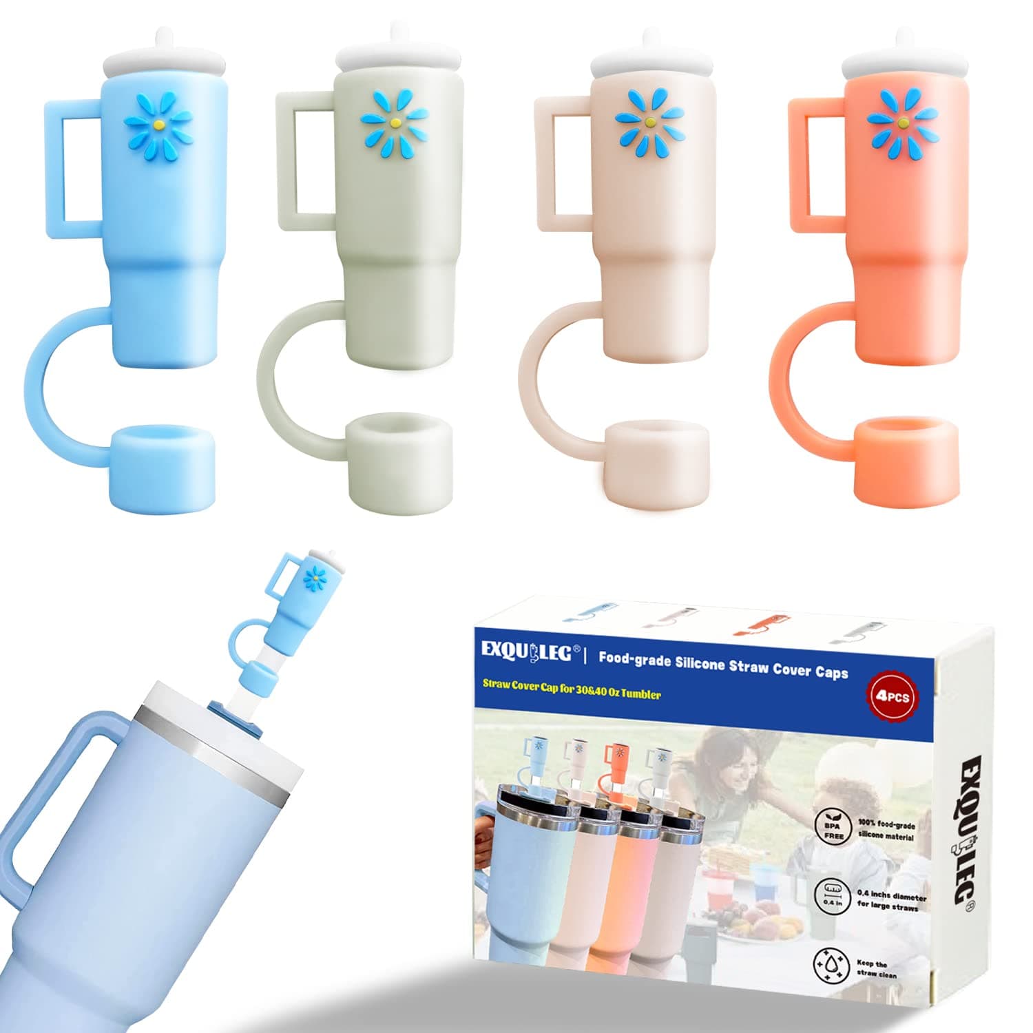 EXQUILEG Silicone Straw Covers Compatible with Stanley Tumblers, 4 Pack Straw Toppers for 30 & 40oz Cups