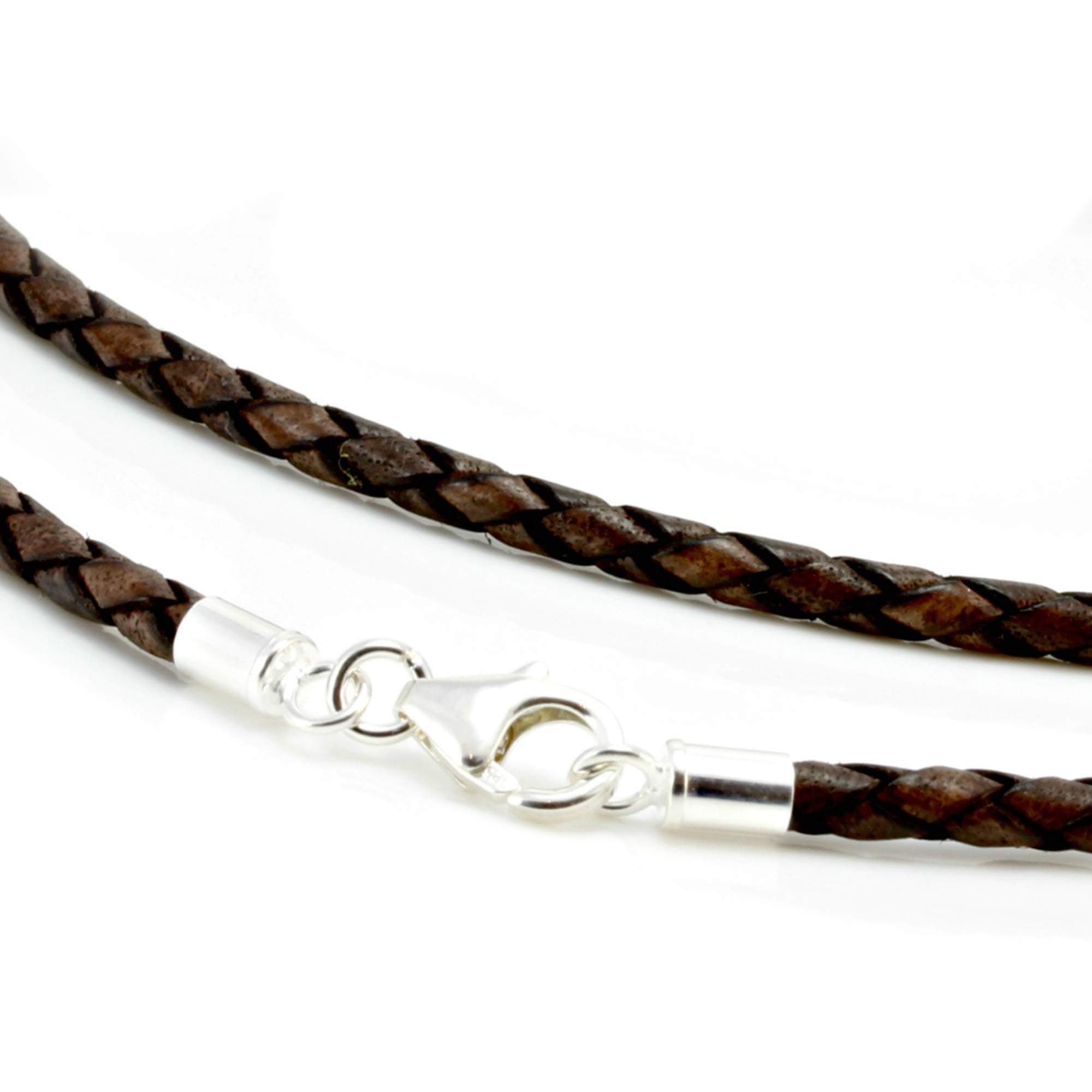 CMJ LondonAntique Brown Leather Necklace with Sterling Silver Ends and Clasp-Genuine Braided Leather 16" - 30" Cord