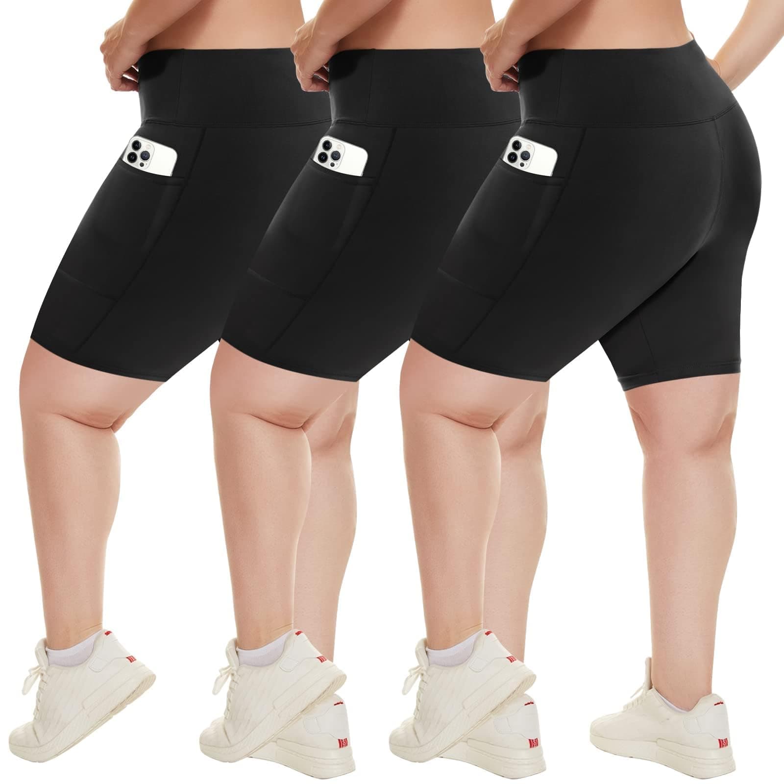 3 Pack Plus Size Biker Shorts with Pockets for Women (S-4XL)- 8"/5"/3" High Waist Tummy Control Shorts for Yoga