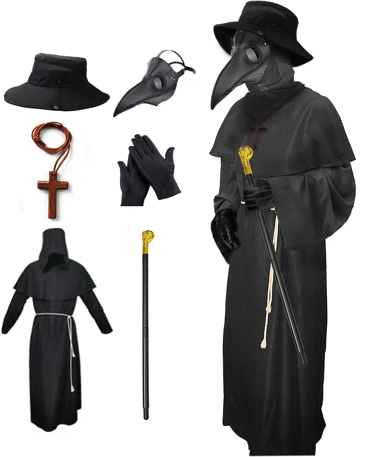 Nicexx Plague Doctor Costume Halloween Costumes for Adults Men Plague Dr Outfit 6 in 1 Set