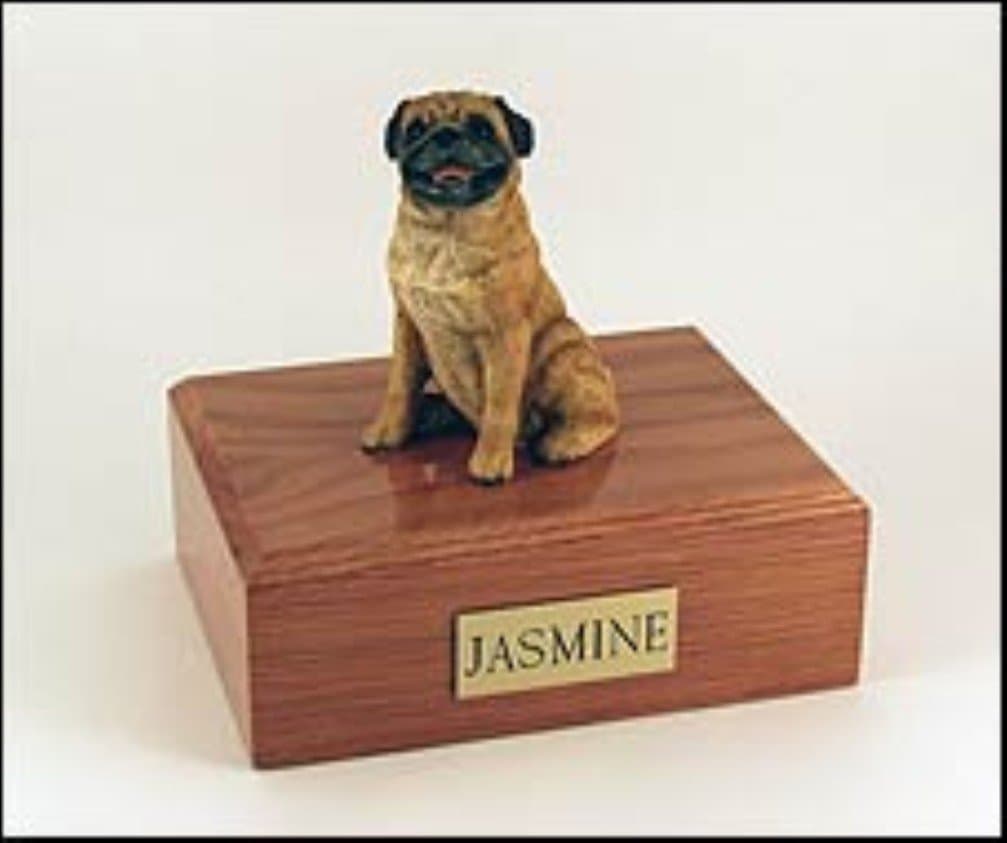 Pug Dog, Pet Cremation Urn - Fawn Pug Figurine on Traditional, Small Sized, Walnut Wood Urn. (Listing Is for a Walnut Wood … Please See Color Swatch … NOT Oak Wood, As Pictured.)