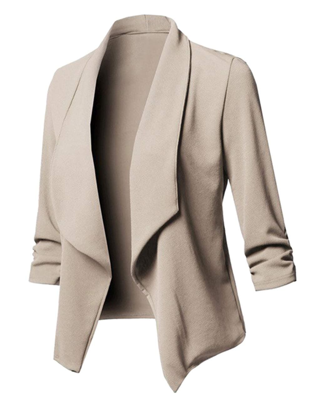 Uranus Women's Stretch 3/4 Gathered Sleeve Open Blazer Jacket Lightweight Work Office Blazer Jacket