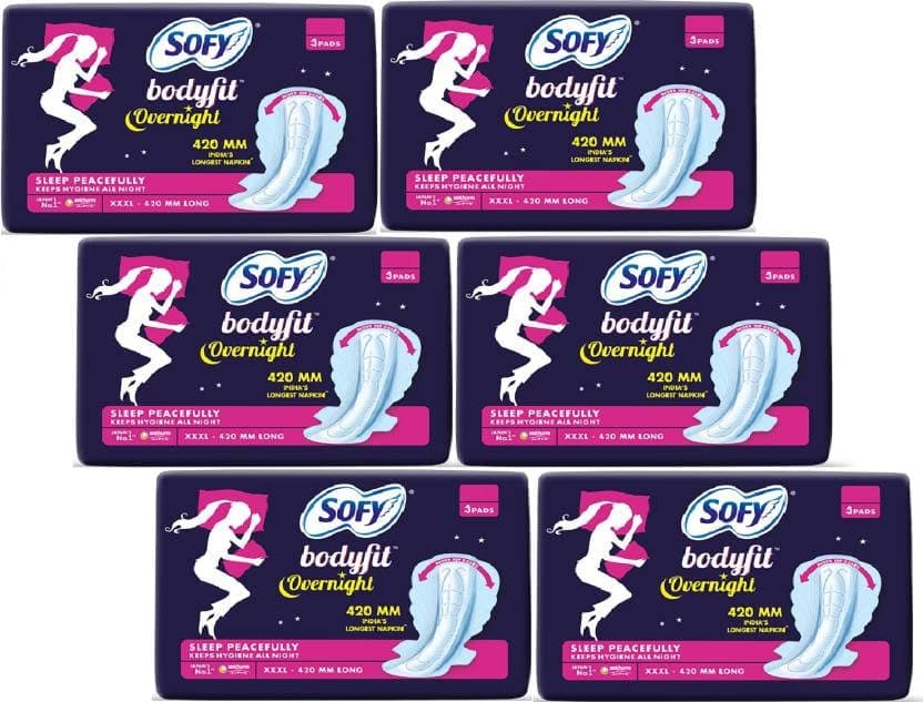 SOFY Bodyfit Overnight, XXXL - 3 Sanitary Pad (Pack of 6, 3 Pads Each)