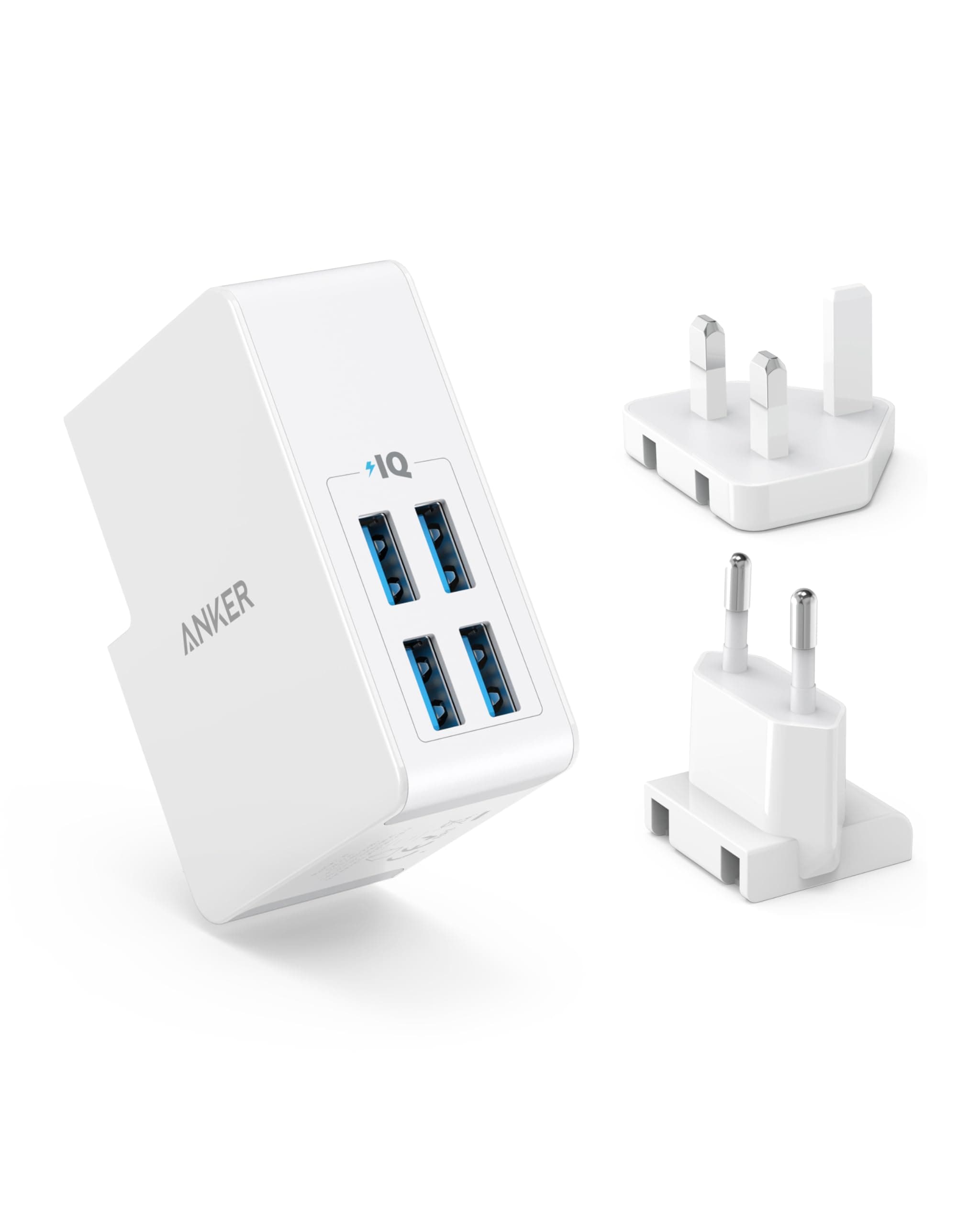 Anker Usb Plug Charger 5.4A/27W 4-Port Usb Charger, Powerport 4 Lite With Interchangeable UK And EU Travel Charger, Adapter For iPhone 16/15/14 Series, Galaxy S8/Note 3, Ipad Air 2/Mini 3, And More