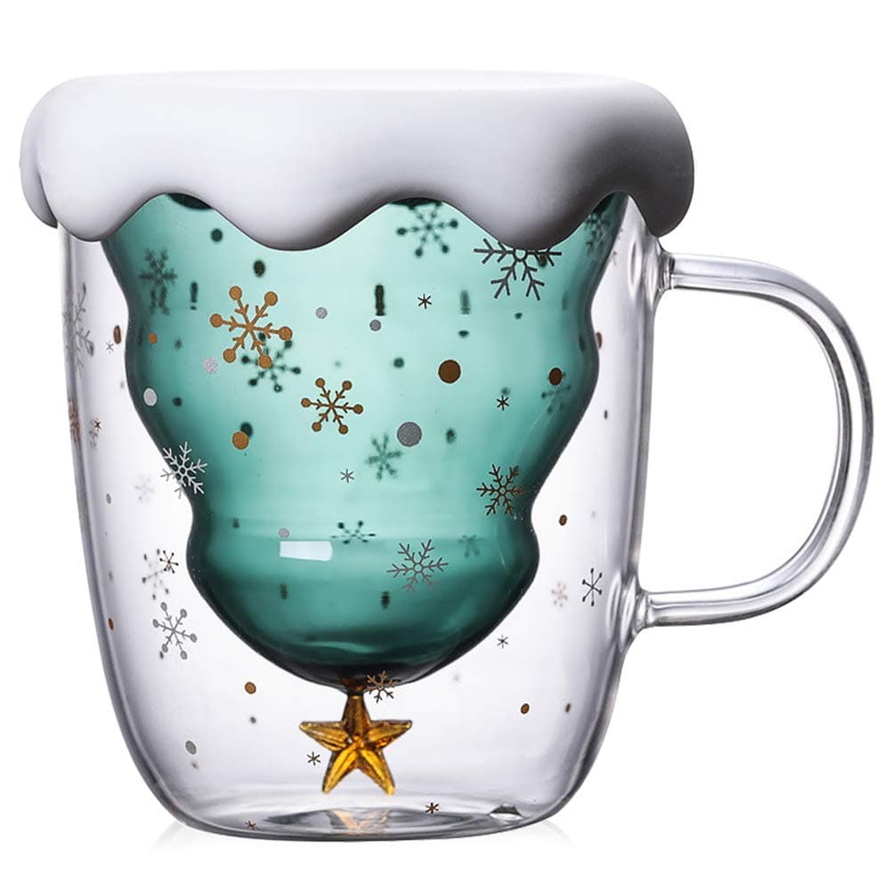 Double Wall Insulated Glass Mug Cute Mugs Christmas Coffee Mug Espresso Mug Tea Cup with Lid for Latte Cappuccino Milk