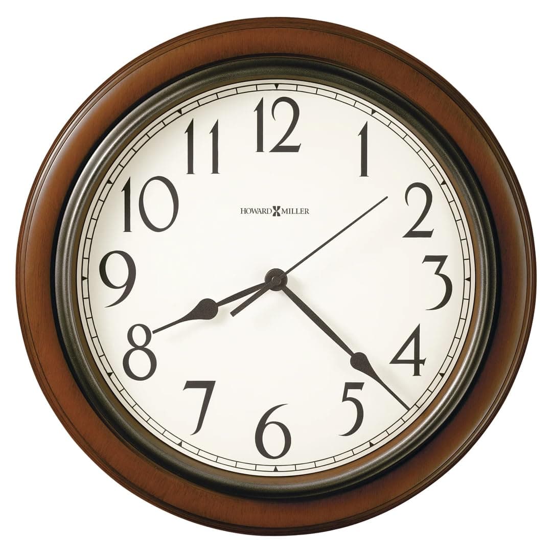 Howard Miller Kalvin Wall Clock, Wooden Finish Round White Dial Wall Mount, Battery Operated Arabic Numerals Quartz Movement Perfect for Room Decor, Office, Living Room & Home Decor