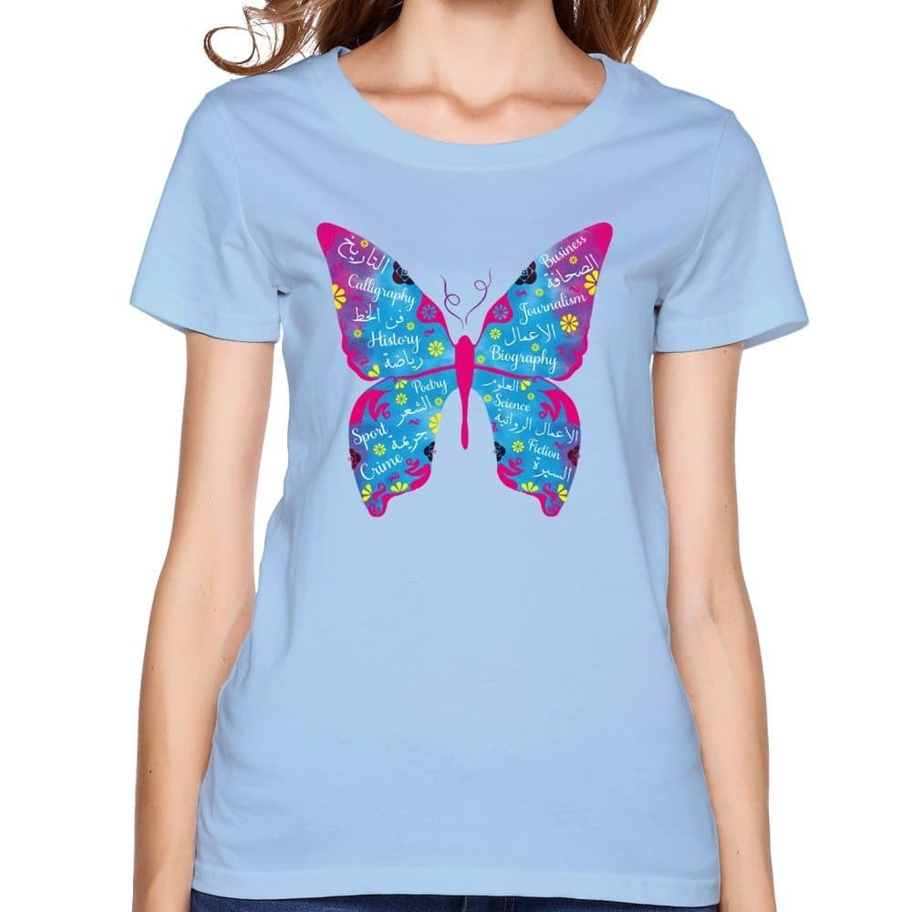 Girlmer Factory Direct Sale Women's SkyBlue Colorful Butterfly X-Small Round Neck T-Shirt