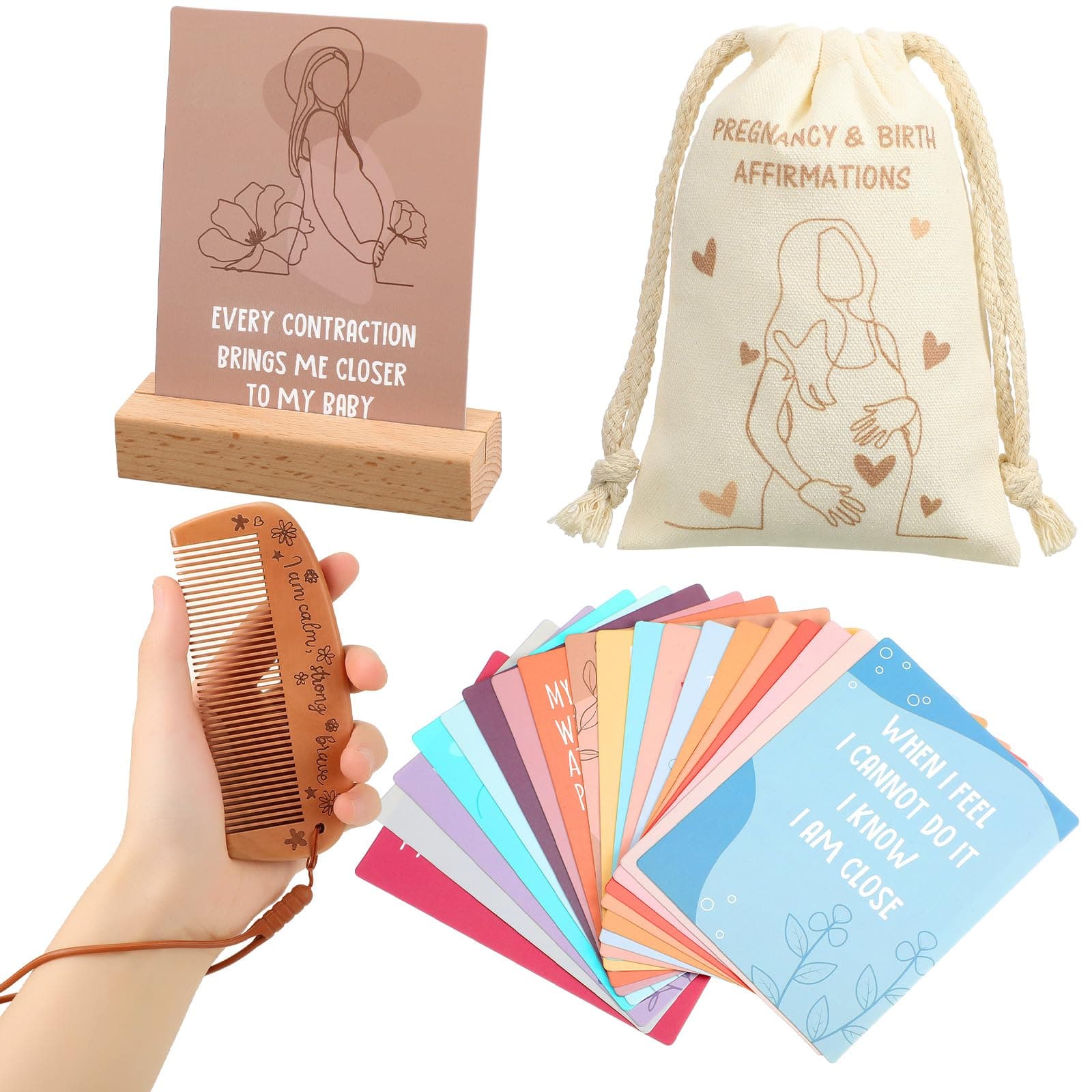 Yungyan 23 Pcs Birthing Comb Gifts Set Includes Wooden Labor Comb Pregnancy Birth Affirmation Cards Canvas Bag for Pregnant Women Labor Pain Relief Essentials, New Mom Positive Encouragement Gifts