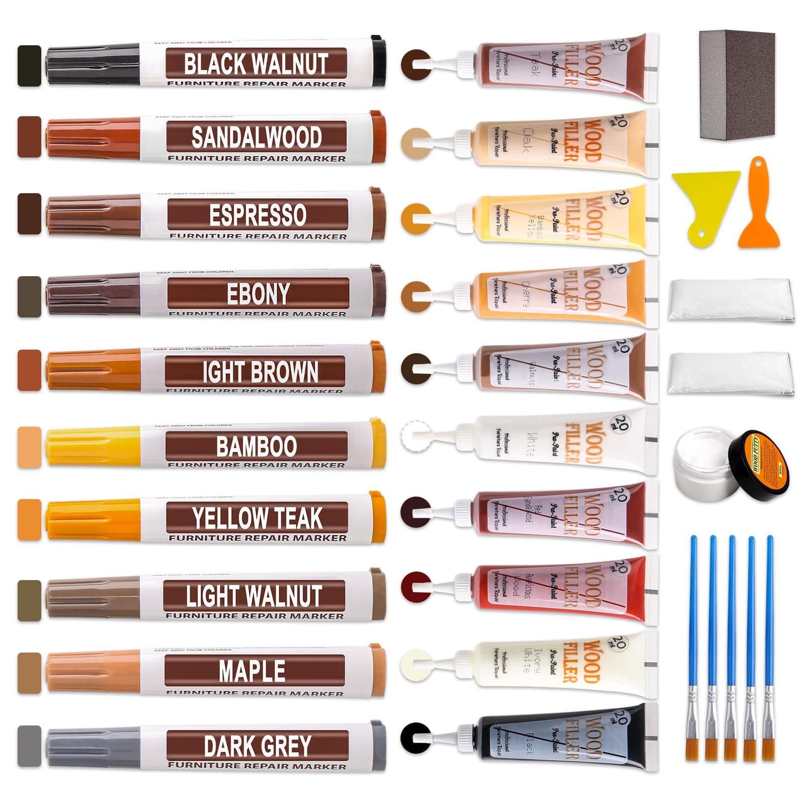Wood Furniture Repair Kit - 10 Colors of Wood Fillers & Furniture Touch Up Markers with Wood Putty, Restore Any Wood Scratches, Cracks, Holes in Floors, Tables, Laminates, Cabinets - Set of 31