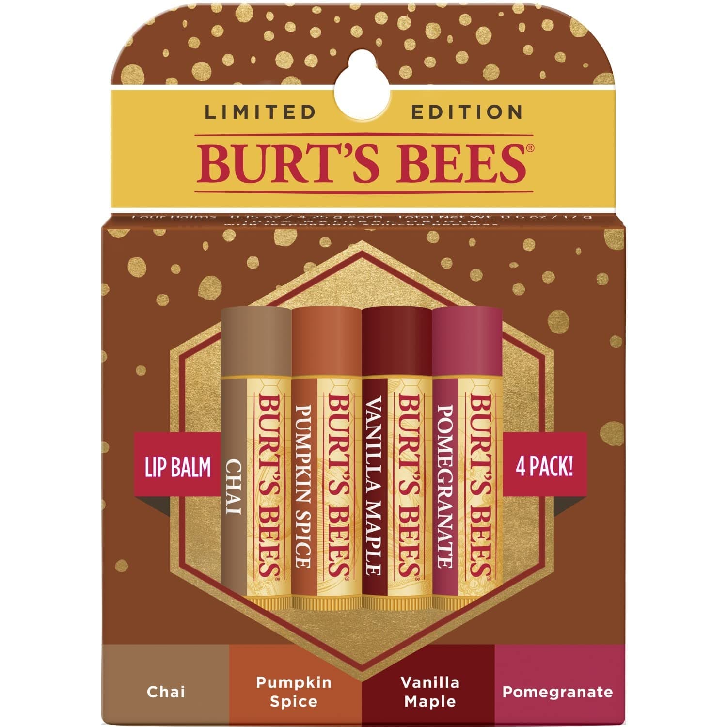 Burt's Bees 100% Natural Moisturizing Lip Balm, Winter Variety Pack, Chai Tea, Pumpkin Spice, Vanilla Maple, Pomegranate, 4 Tubes of Lip Balm, 0.15 Ounce (Pack of 4)