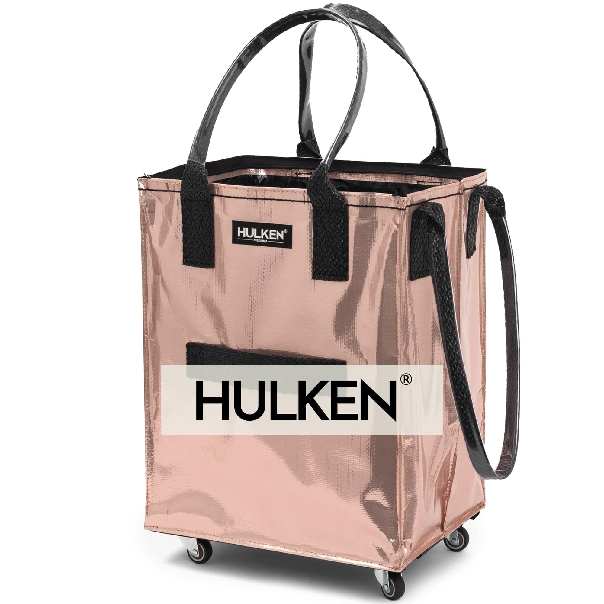 HULKEN (Medium, Rose Gold) Reusable Grocery Bag On Wheels, Shopping Trolley, Rolling Tote, Zipper Closure, Lightweight, Carries Up to 66 lb, Folds Flat, Unbreakable Handles