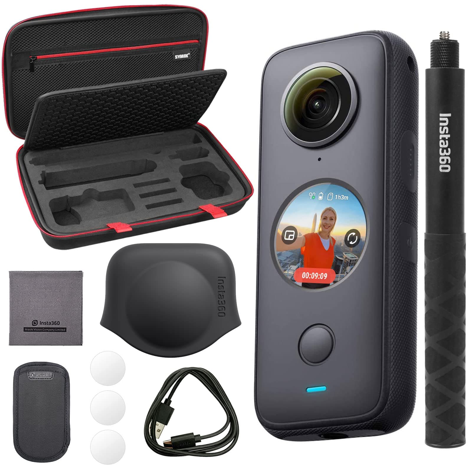SYMIKInsta360 ONE X2 360 Degree Waterproof Action Camera Bundle with Invisible Selfie Stick, Carrying Case, and Tempered Glass Screen Protectors