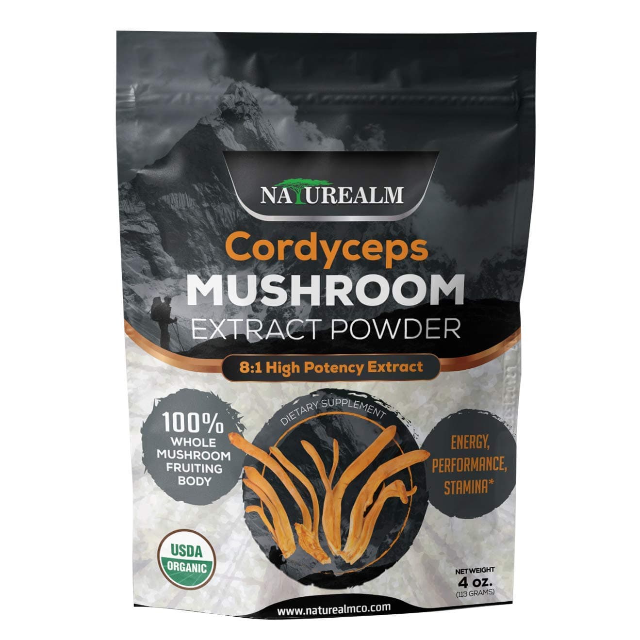 Cordyceps Mushroom 8:1 Extract Powder - USDA Certified Organic - High Performance Energy Supplement - Stamina, Endurance, Oxygen Utilization - Whole Mushrooms/No Fillers - 4oz (113g)