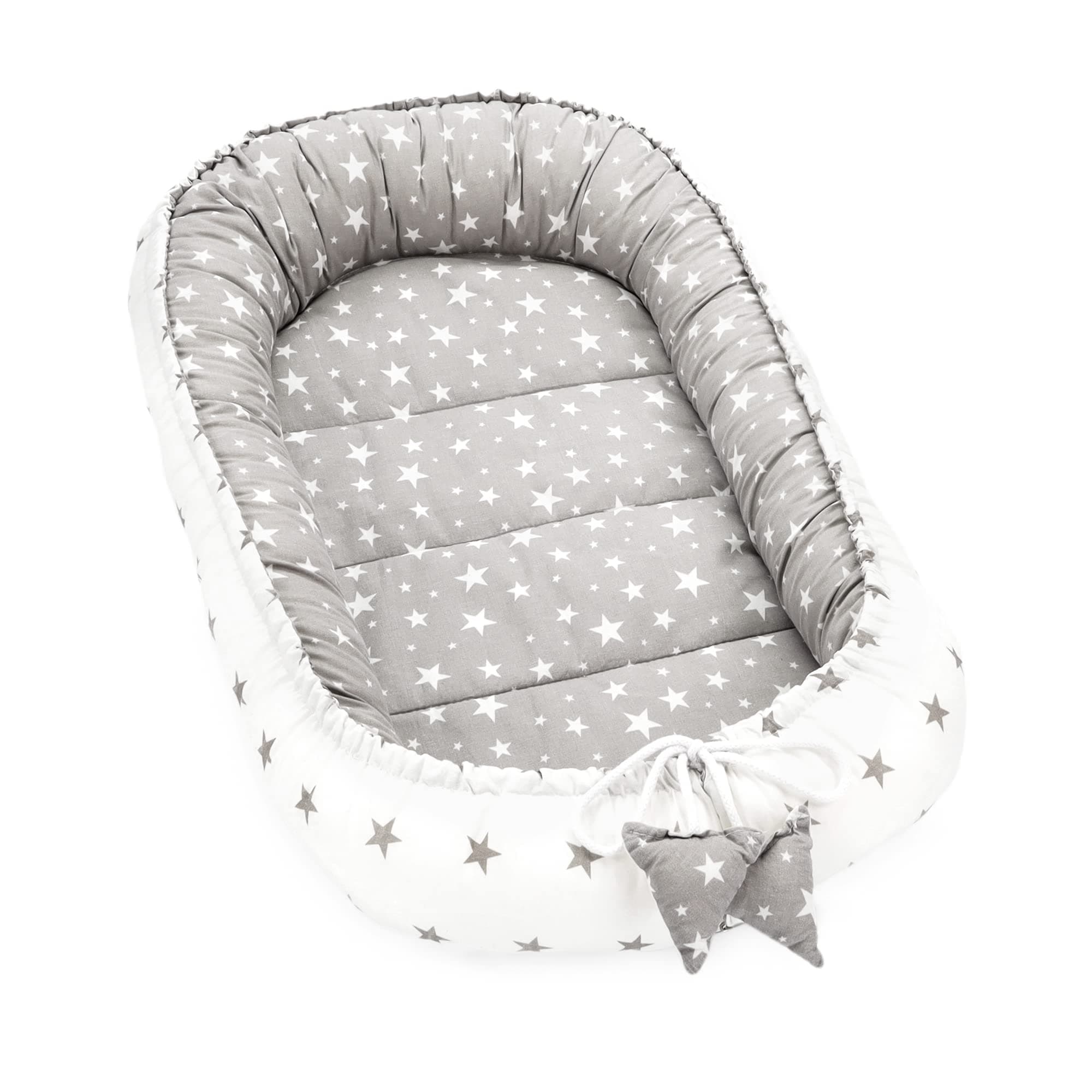 Babynest newborn baby bumper 90x50 cm - cocoon Handmade two-sided Cotton Waffle with babynest Stars Grey-White