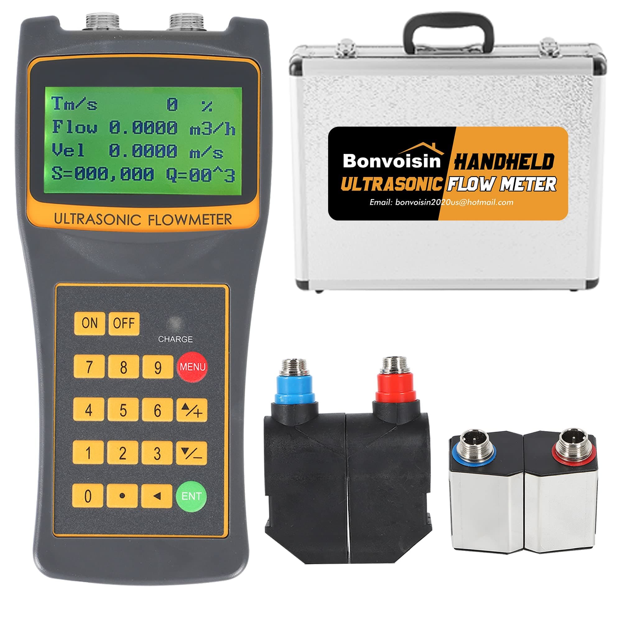 Bonvoisin 手持ち式超音波流量計 ポータブルクランプ 流量計 データ出力 S1+M2センサー付き 海水/アルコール/工業用下水用 DN15-700mm (1/2-28インチ)