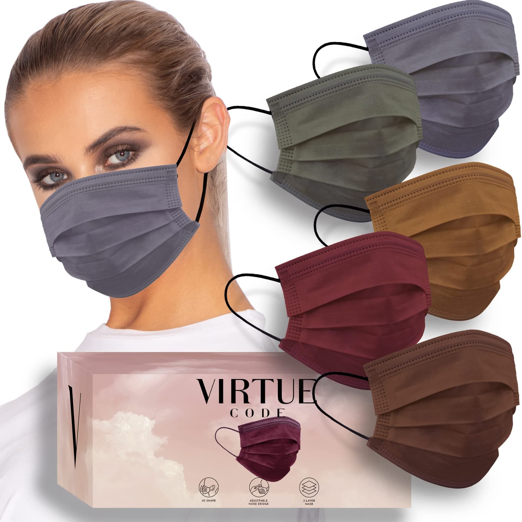 VIRTUE CODE Balance Face Masks - Soft 3 Ply Comfort Disposable Face Masks