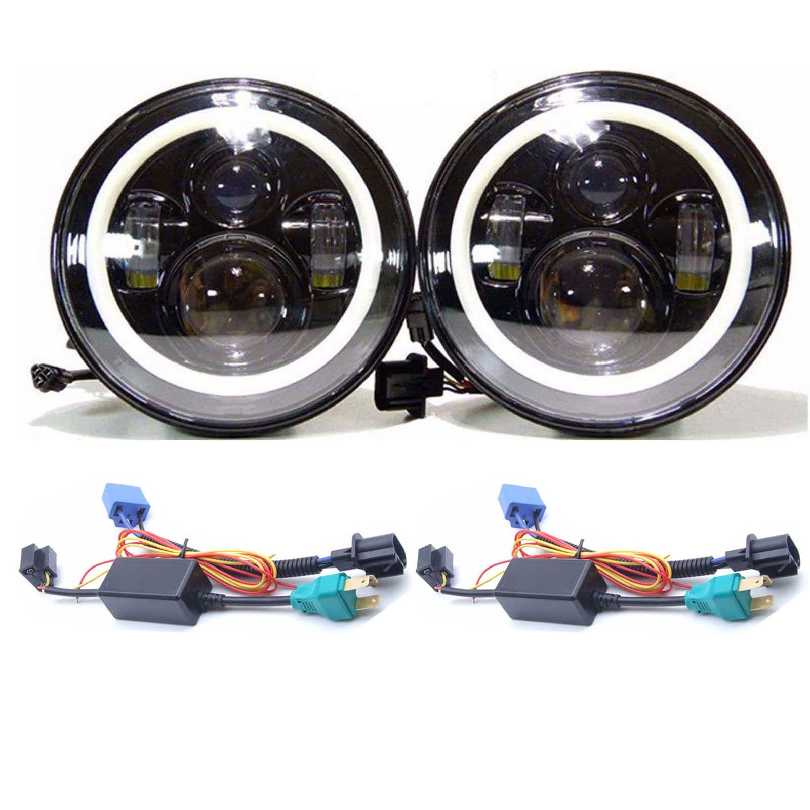 DOT Approved 7 Inch 7500LM Round LED Headlights Lamp Black Halo Ring Angle Eyes Assembly/High/Low Beam Turning Signal Light