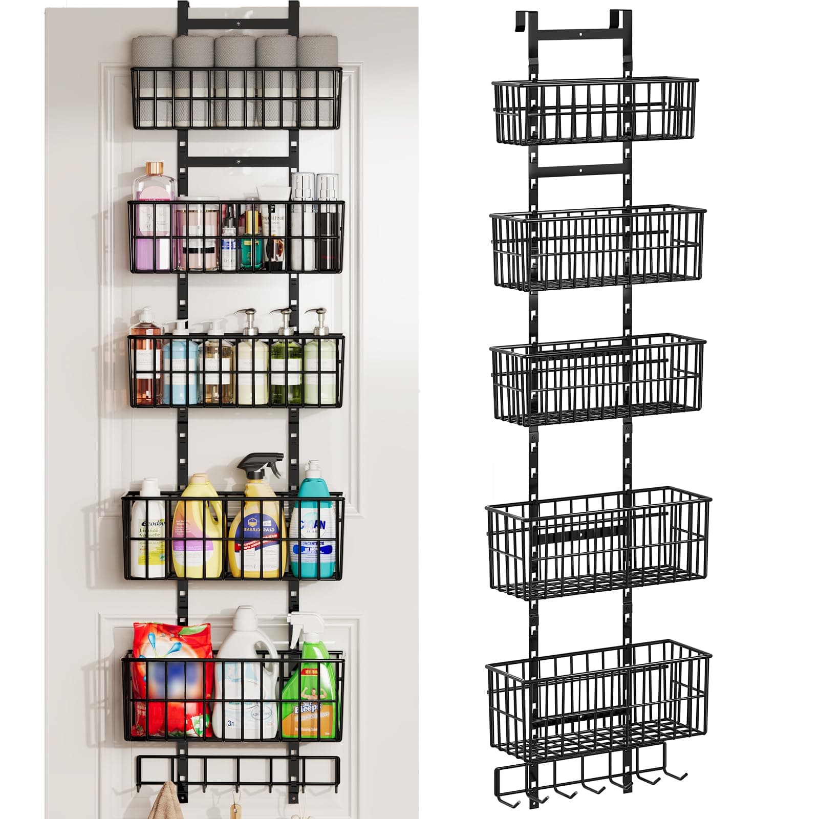 Adjustable Over the Door Organizer, Metal Hanging Door Organizer with 5 Wire Basket 7 Hooks, Wall Mounted Shelf for Pantry Laundry Organization and Storage, Black