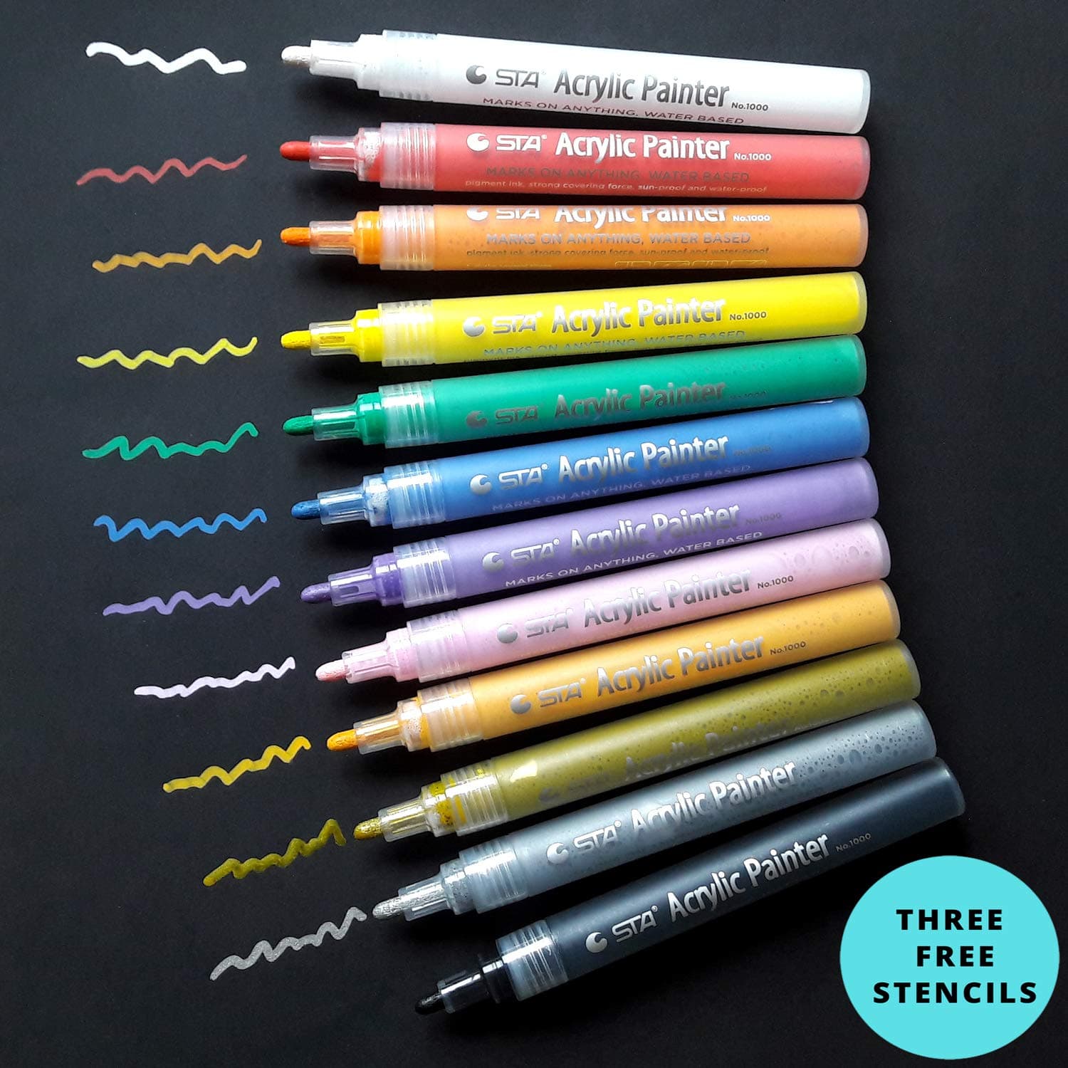 Acrylic Paint Marker pens - Set of 12 - Three Free Stencils - Writes on Glass, Ceramic, Pebbles, Rocks, Wood, Paper and Fabric. Great for Cards/Invitation Design