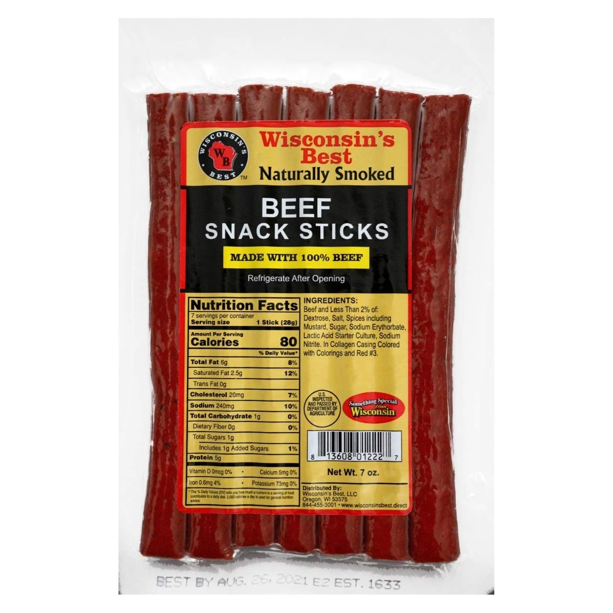 Wisconsin's Best -100% Beef Snack Sticks (7-1 oz. Sticks) Healthy Protein Snack. Great for Lunch Bags, Hiking & Biking. Keto-Friendly, Low Carb, Low Sugar, High Protein Snacks. Great for Father's Day