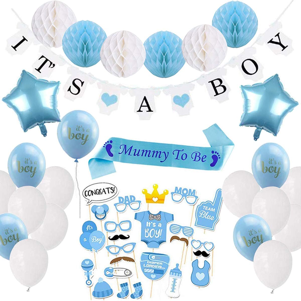 PEIPONG Baby Shower Decoration Boy Kit - IT’S A BOY Banner and Balloon, Mummy To Be '' Sash, Baby Photo Booth Props, Paper Honeycomb Balls, White Balloon and Pentagram Balloon