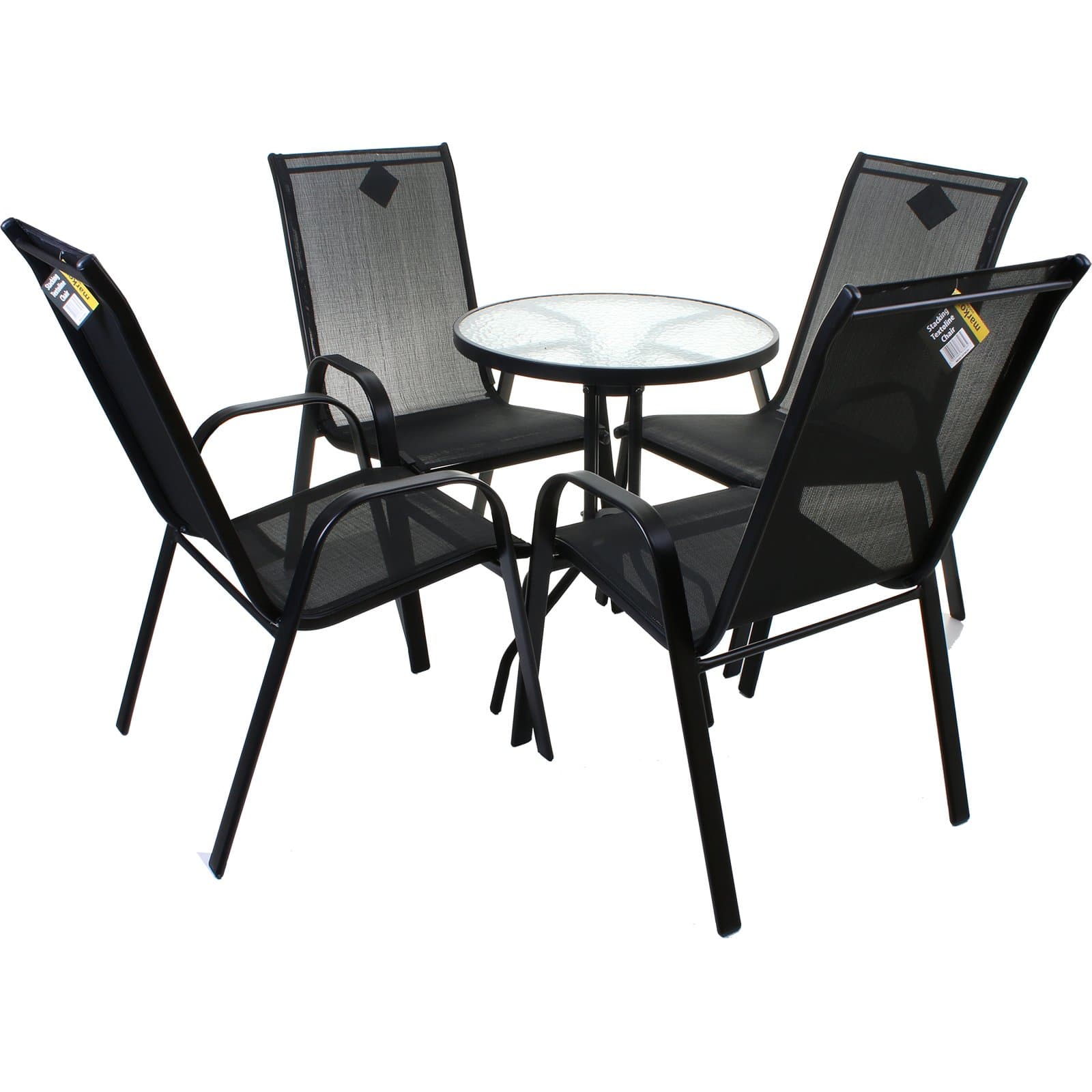 5 Piece Black Bistro Set Outdoor Garden Furniture Glass Table & High Back Chairs