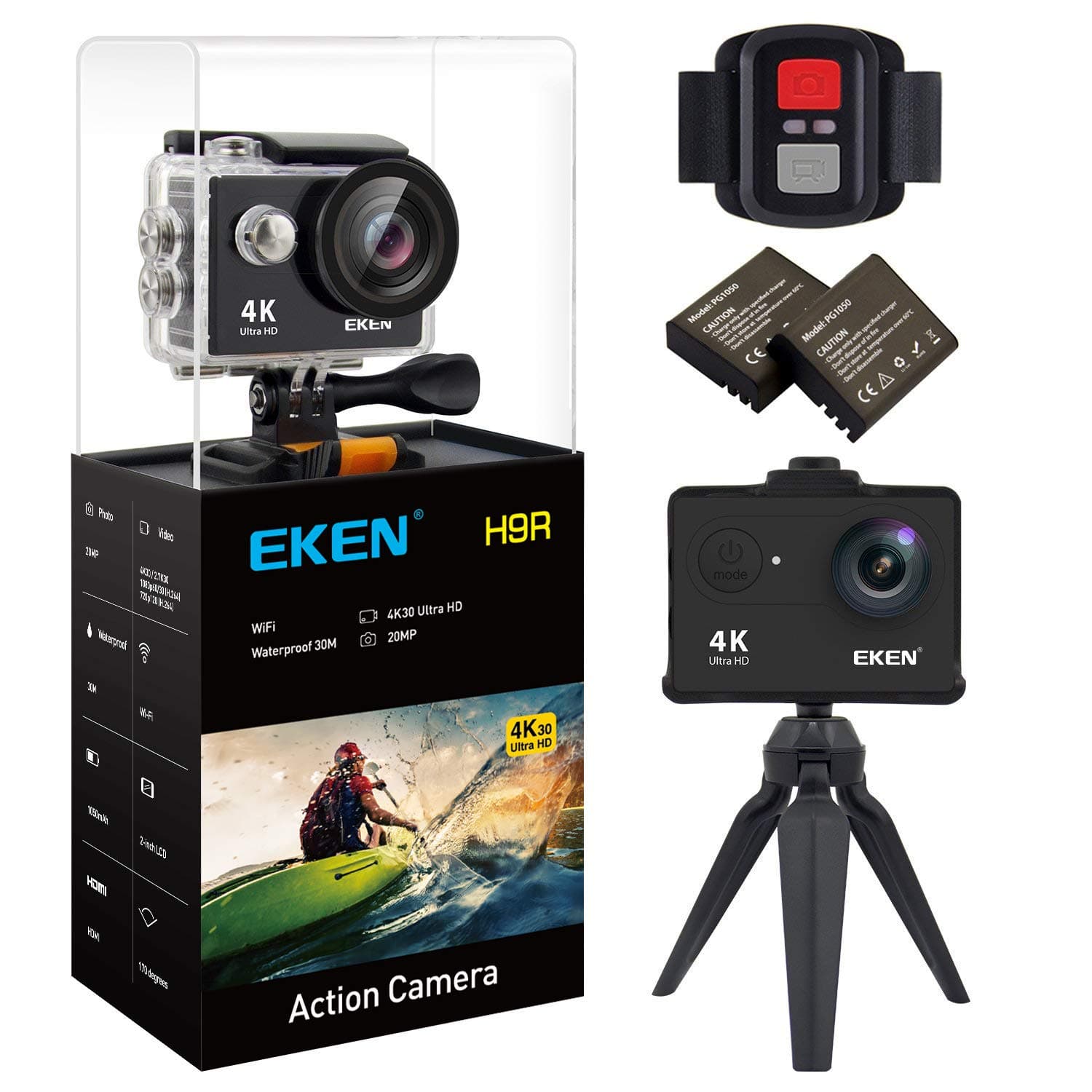 EKEN New H9R Action Camera 4K WiFi Waterproof Sports Camera Full HD 4K30 2.7K30 1080p60 720p120 Video Camera 20MP Photo and 170 Wide Angle Lens Includes 11 Mountings Kit 2 Batteries Black