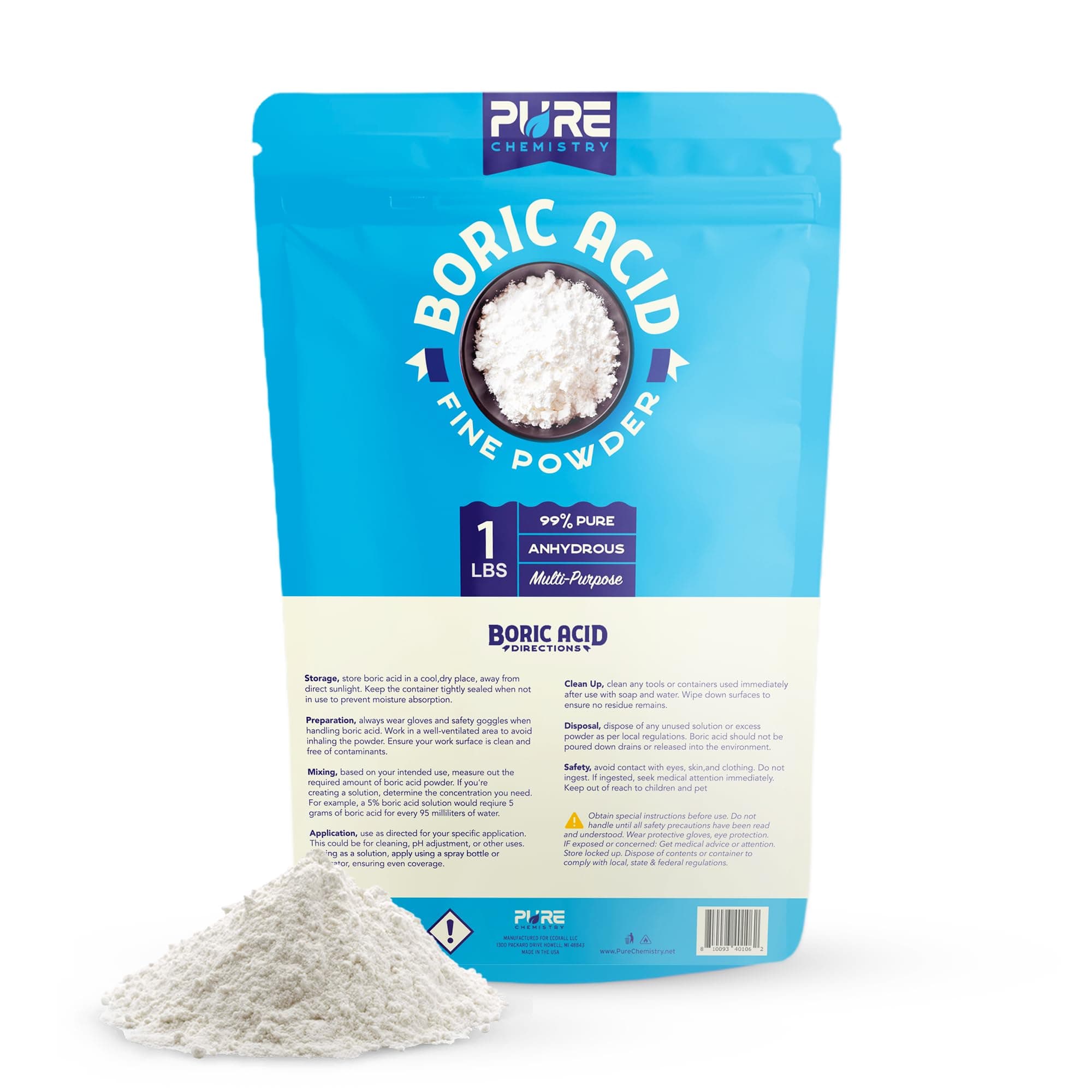 Bulk Boric Acid Fine Powder, 99.9% Pure, Laundry Stain Remover and Deodorizer, Kitchen, Household, Industrial Strength Commercial Cleaner, Drain Unclogger, 1 lb