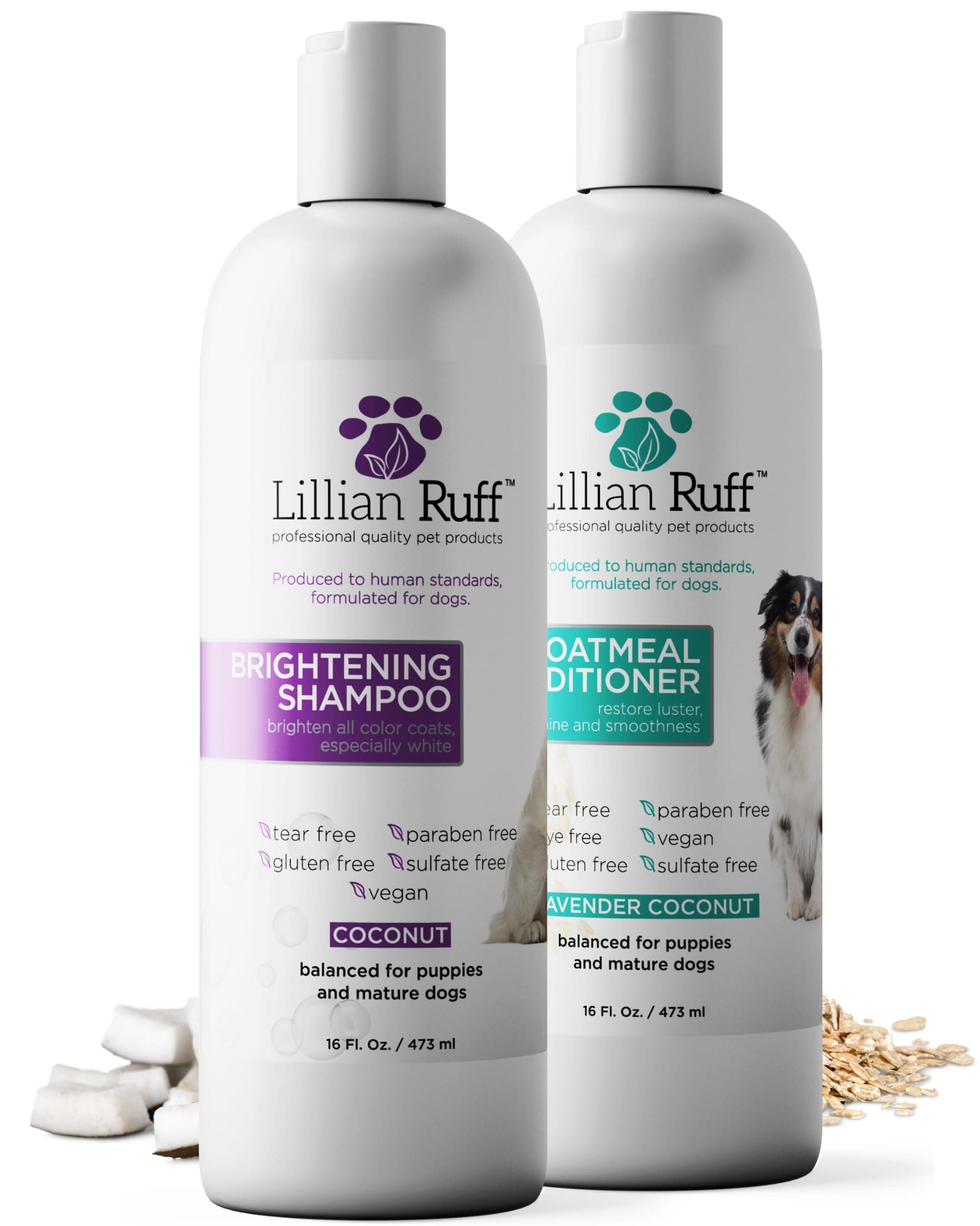 Brightening Shampoo & Oatmeal Conditioner Set for Dogs – Safe for Cats - Tear Free Coconut Scent with Aloe for Normal, Dry & Sensitive Skin