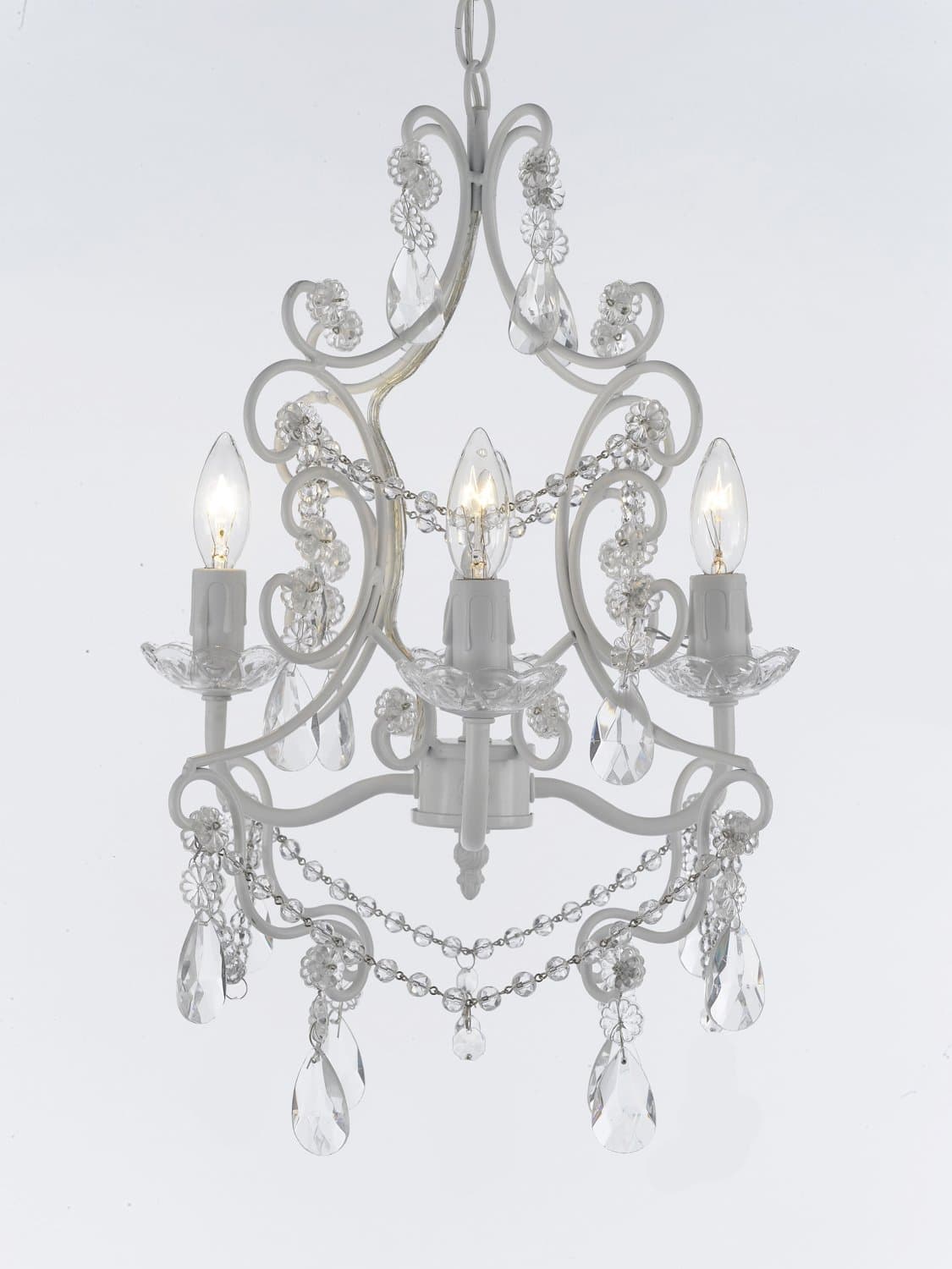 Wrought Iron and Crystal 4 Light White Chandelier Pendant Lighting Fixture Ceiling Lamp Hardwire and Plug In