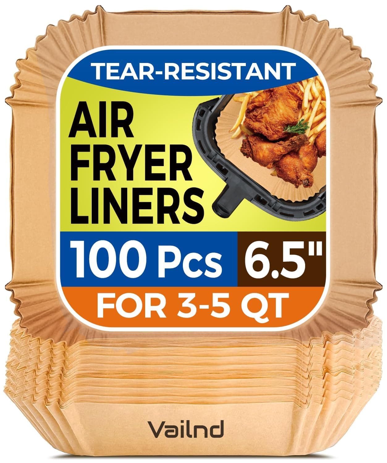Vailnd 100 PCS Air Fryer Paper Sheets, Disposable Paper Liner for Microwave, Oil-Proof Air Fryer Parchment Paper for Frying, Baking, Cooking, Roasting and Microwave (Square 6.5 INCH)