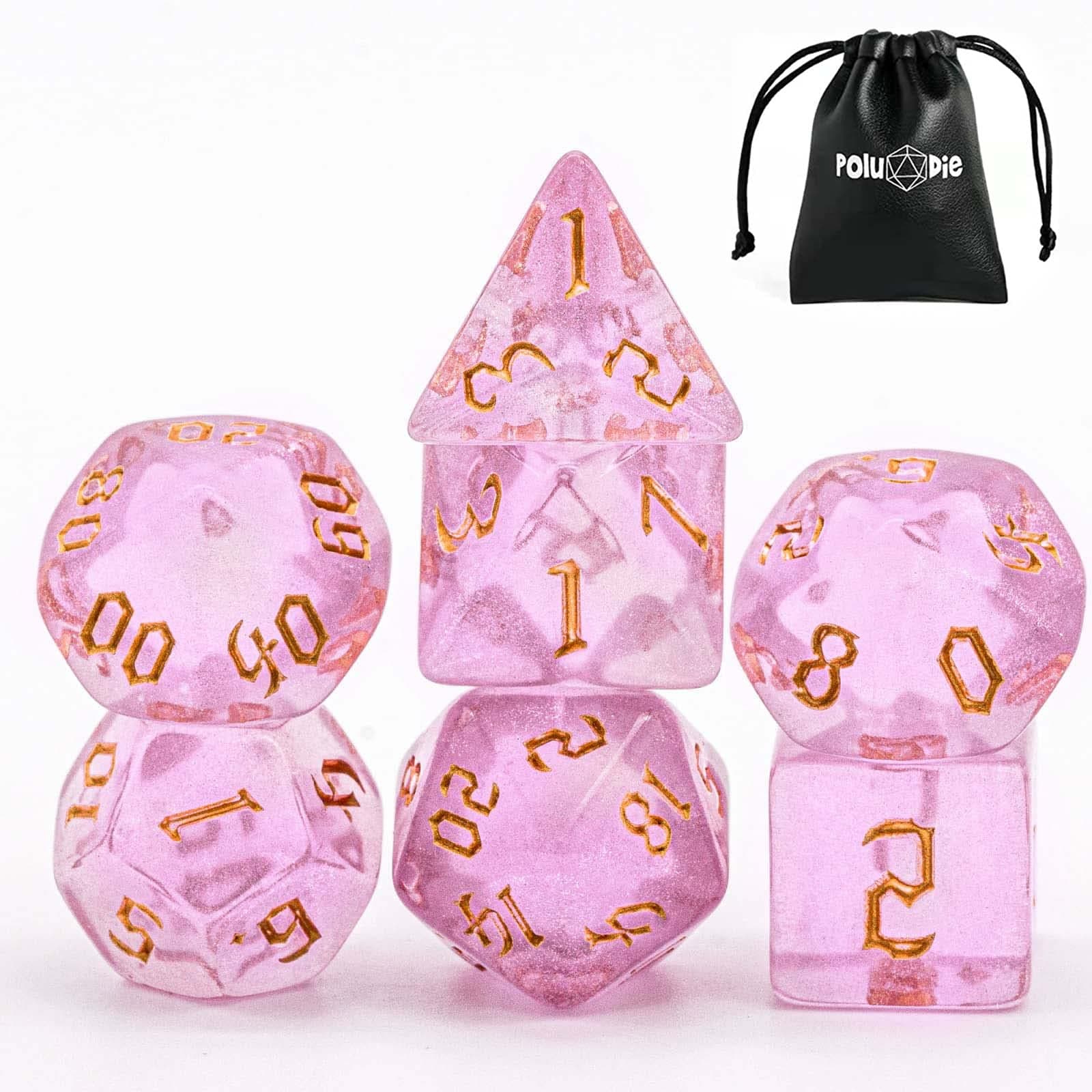 7-Die DND Dice Set Polyhedral Dice Set with a Leather Dice Bag, D&D Dice Set for Dungeons and Dragons, RPG Table Games (Pink/G)