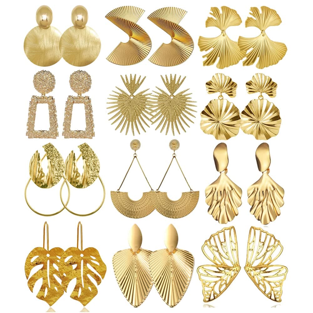 12 Pairs Gold Silver Geometric Earrings Exaggerated Statement Earrings Punk Stylish Sectored Twisted Earring Jewelry for Women(Gold)
