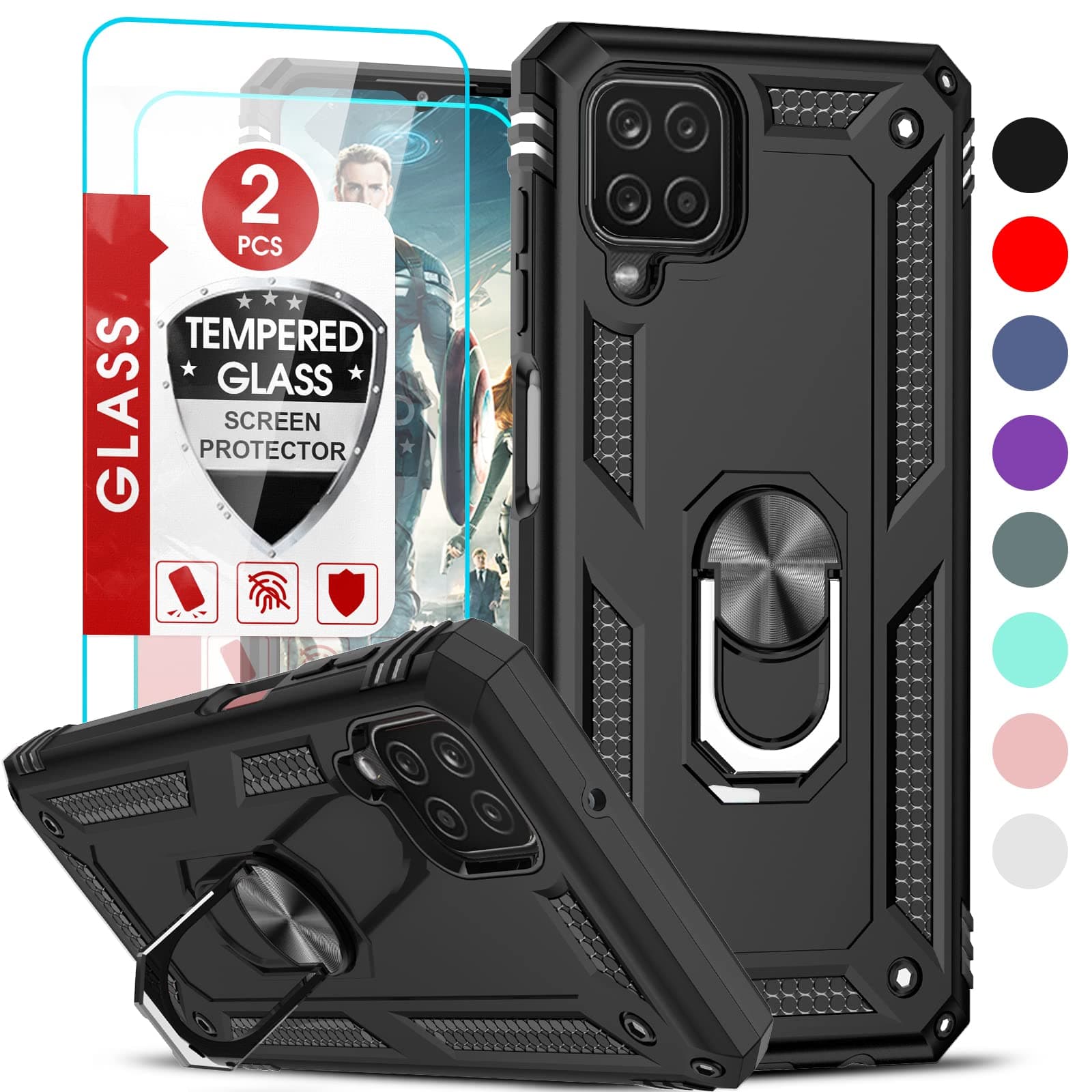 LeYi Compatible for Samsung Galaxy A12 Case, Samsung Galaxy A12 Phone Case with [2 Pack] Tempered Glass Screen Protector, [Military-Grade] Ring Kickstand Phone Case for Samsung A12 5G, Black