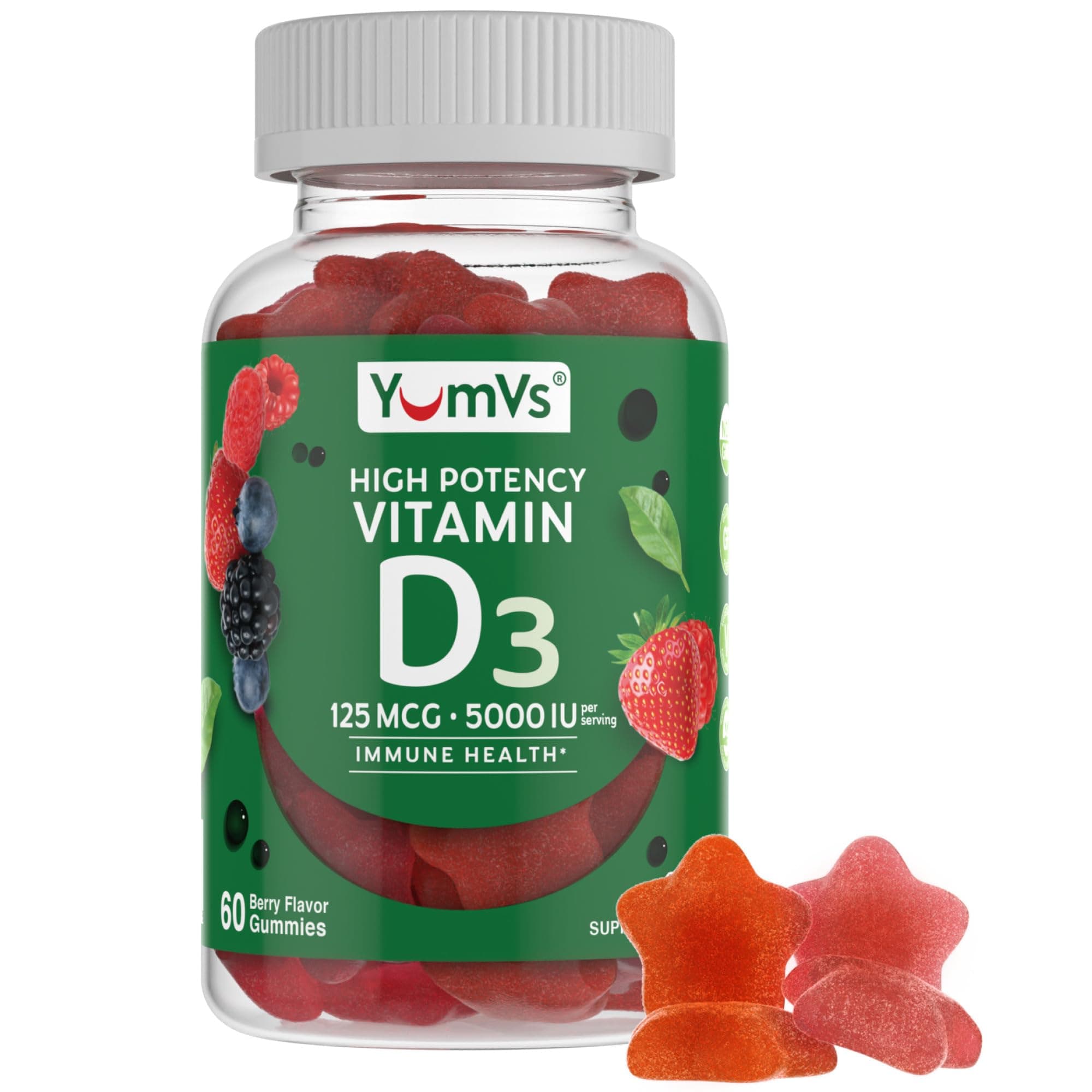 YumVs Complete Vitamin D3 Jellies (Gummies) 5000 IU of Vitamin D, Mixed Berry Flavor (60 Ct); Daily Dietary Supplement for Men and Women, Chewable, Vegetarian, Kosher, Halal, Gluten Free