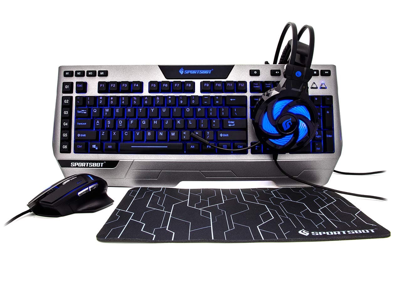 SportsBot SS302 4-in-1 LED Gaming Over-Ear Headset Headphone, Keyboard, Mouse & Mouse Pad Combo Set w/ 6 Programmable Macro Keys, 3 Macro Modes, 40mm Speaker Driver, Microphone