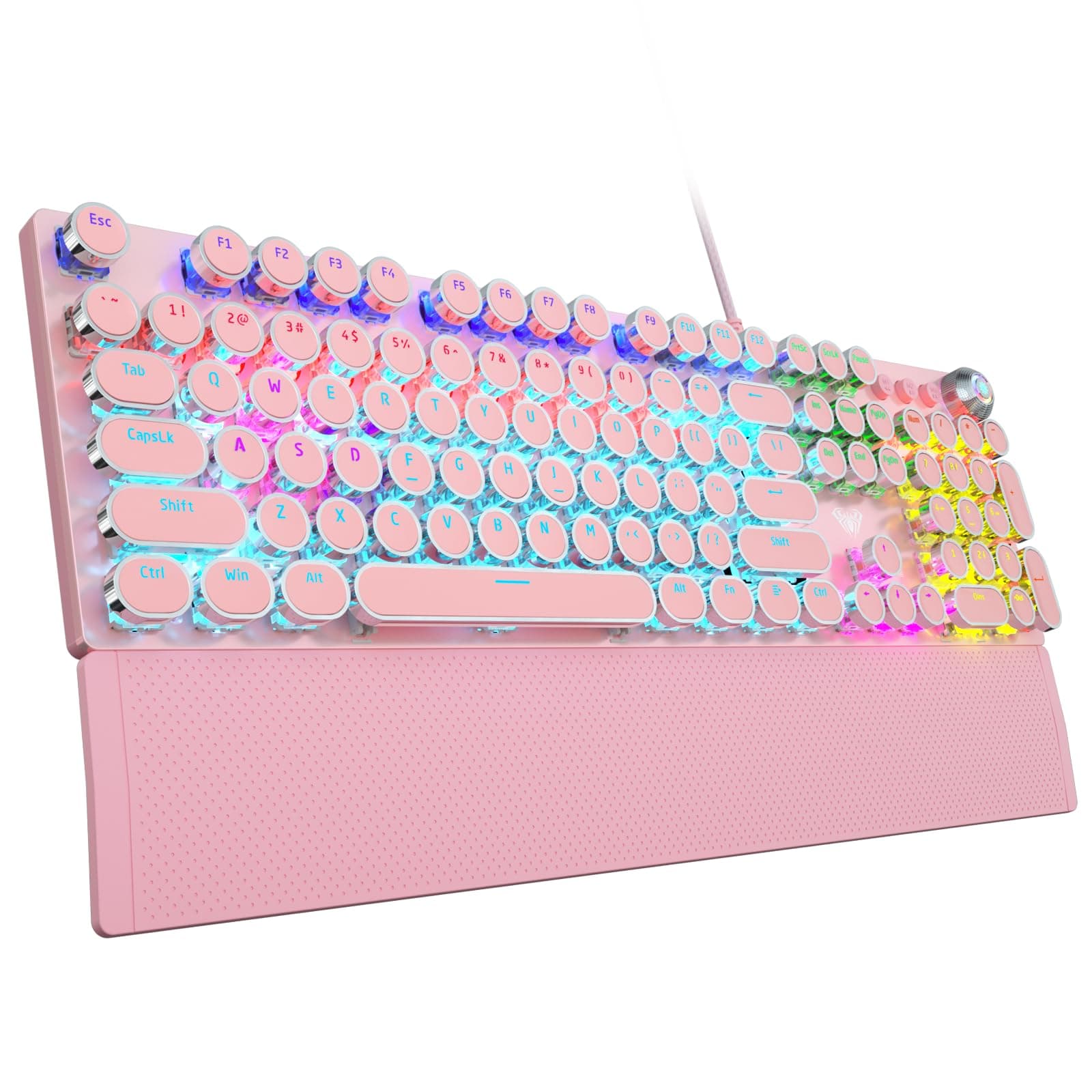 AULA F2088 Typewriter Mechanical Keyboard, Pink Retro Wired Gaming Keyboard with Blue Switches, Rainbow Backlit, Round Keycaps, Media Knob & Removable Wrist Rest