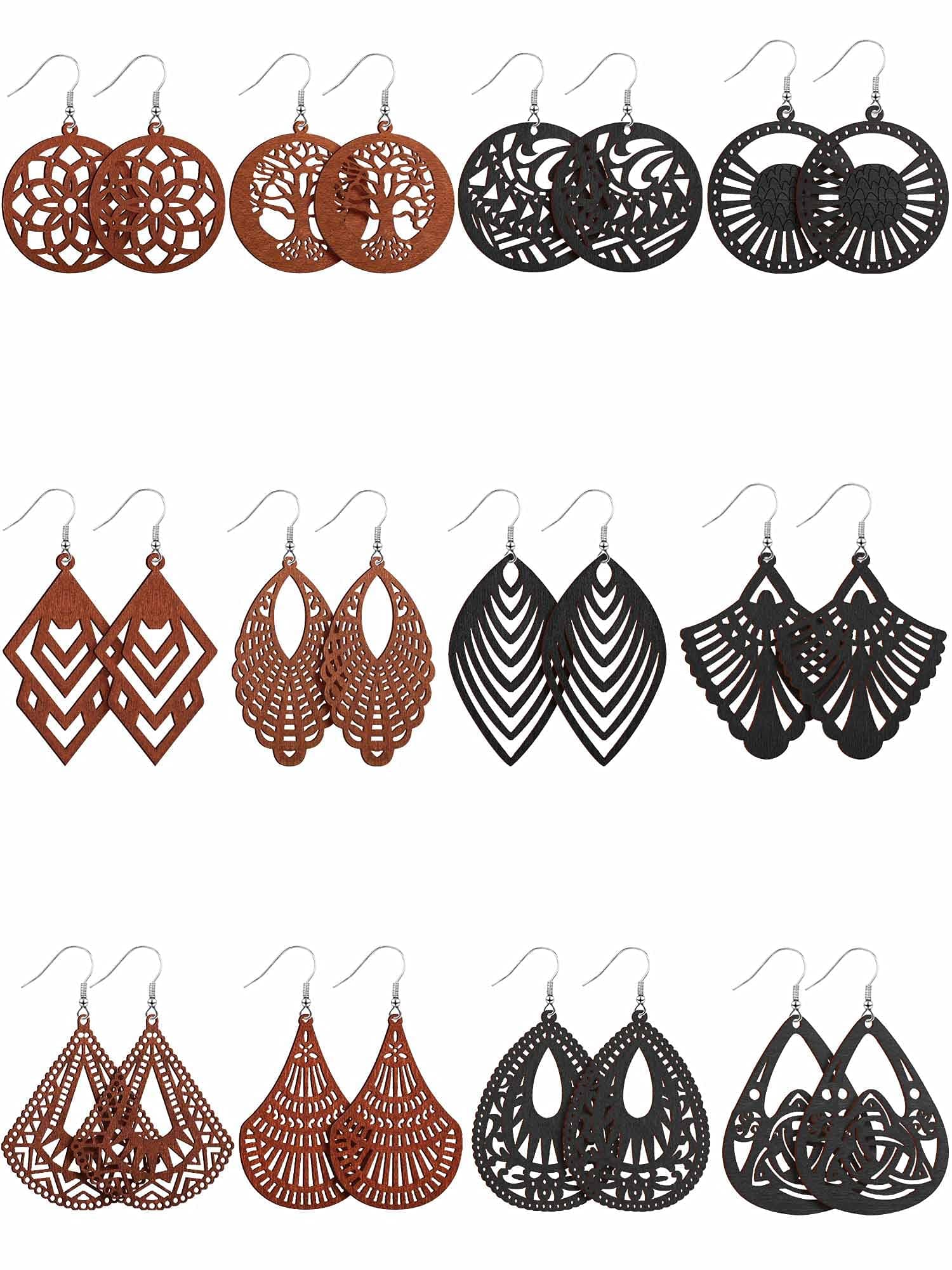 12 Pairs African Wooden Dangle Earrings Lightweight Drop Earrings Bohemian Pendant Jewelry Wooden Ornaments