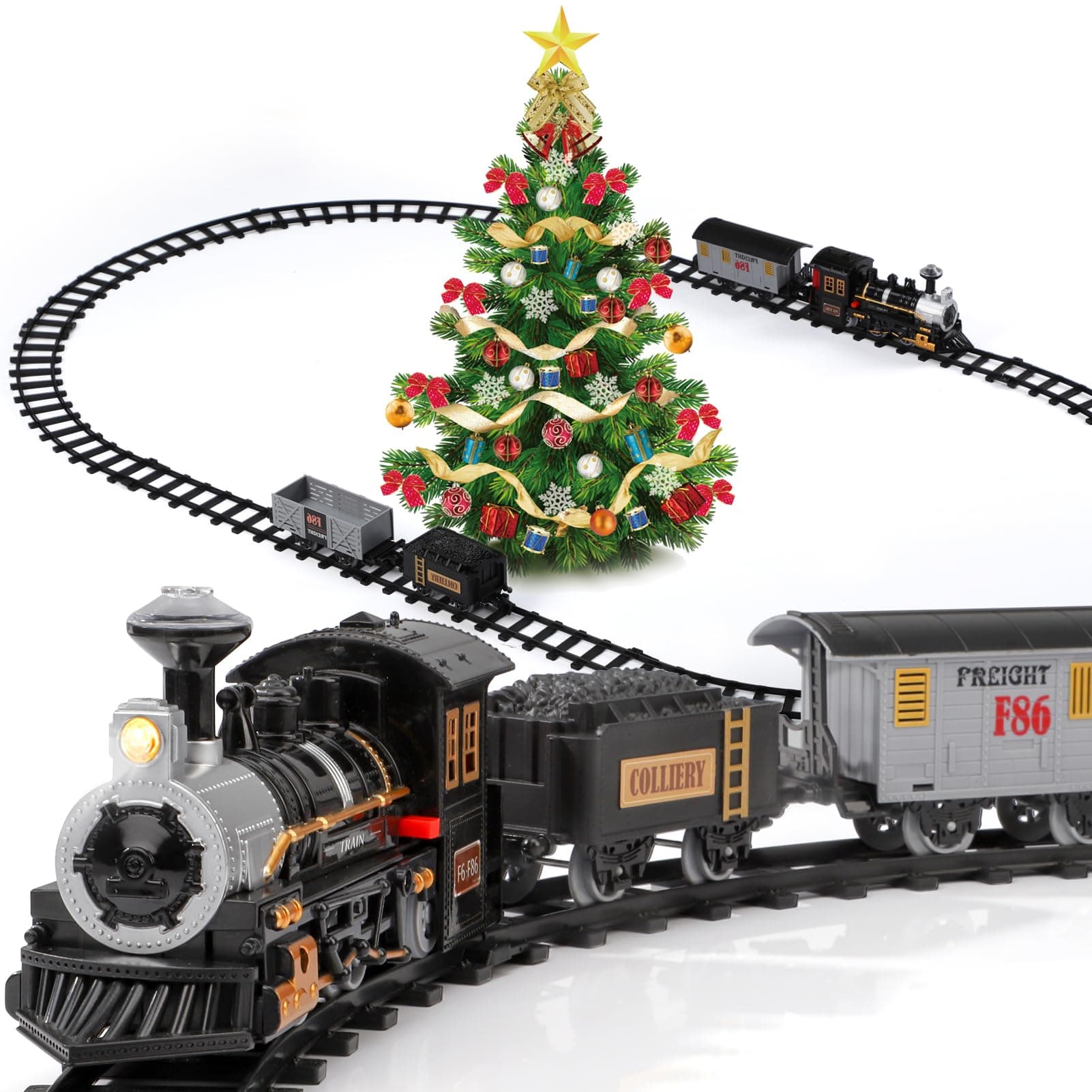 Lucky Doug Christmas Train Set Toys for Kids, Toy Train Set with Light & Sound for Under Christmas Tree, Christmas Train Toys Set for Kids Toddler 1-3 2-4 3-5 4-8 4-7, Christmas Birthday Gifts Toy