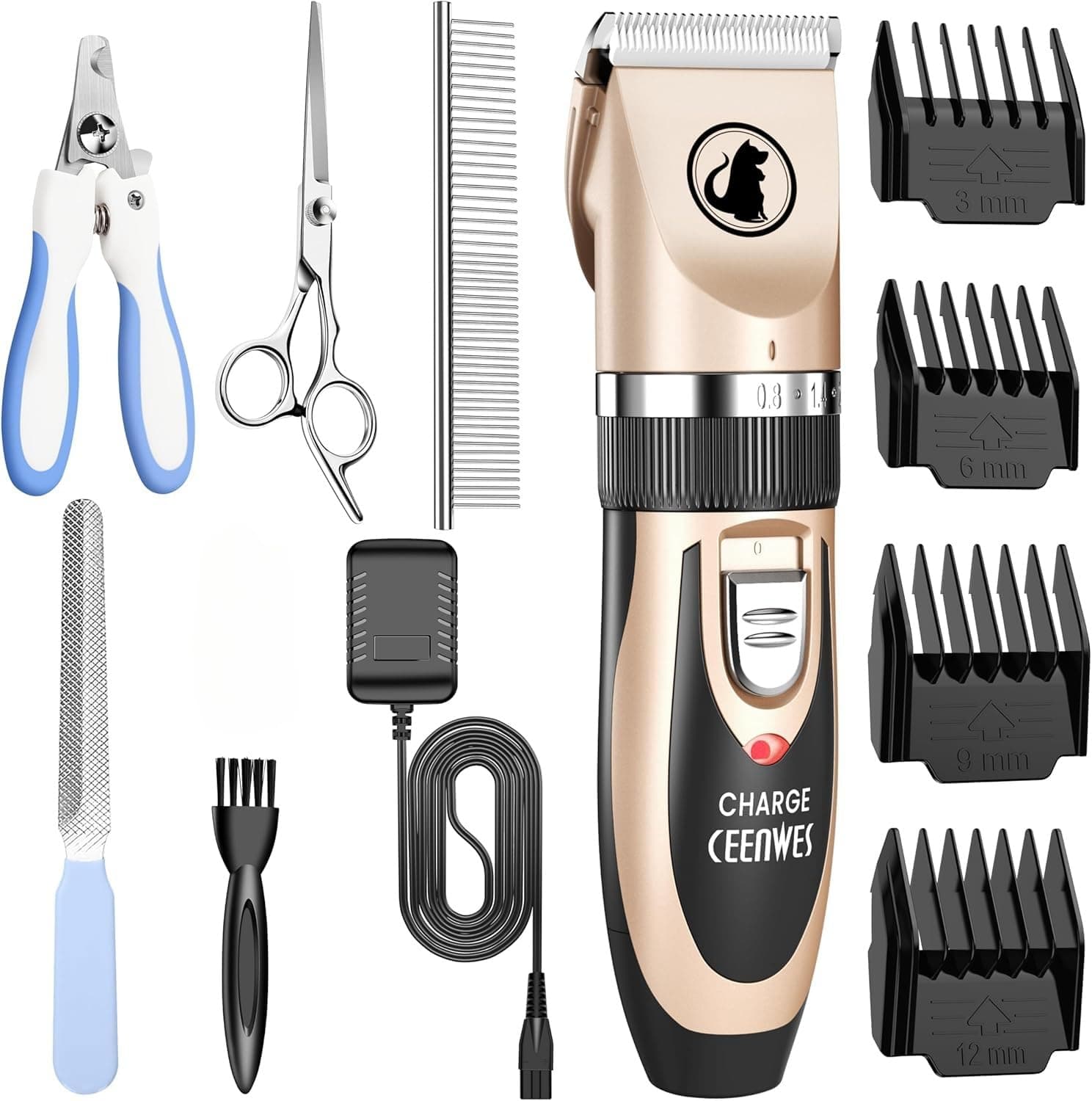 Ceenwes Dog Clippers Low Noise Pet Trimmer Cordless Pet Grooming Tool Professional Dog Hair Trimmer with Comb Guides Scissors Nail Kits for Dogs Cats & Other Hairy Animals
