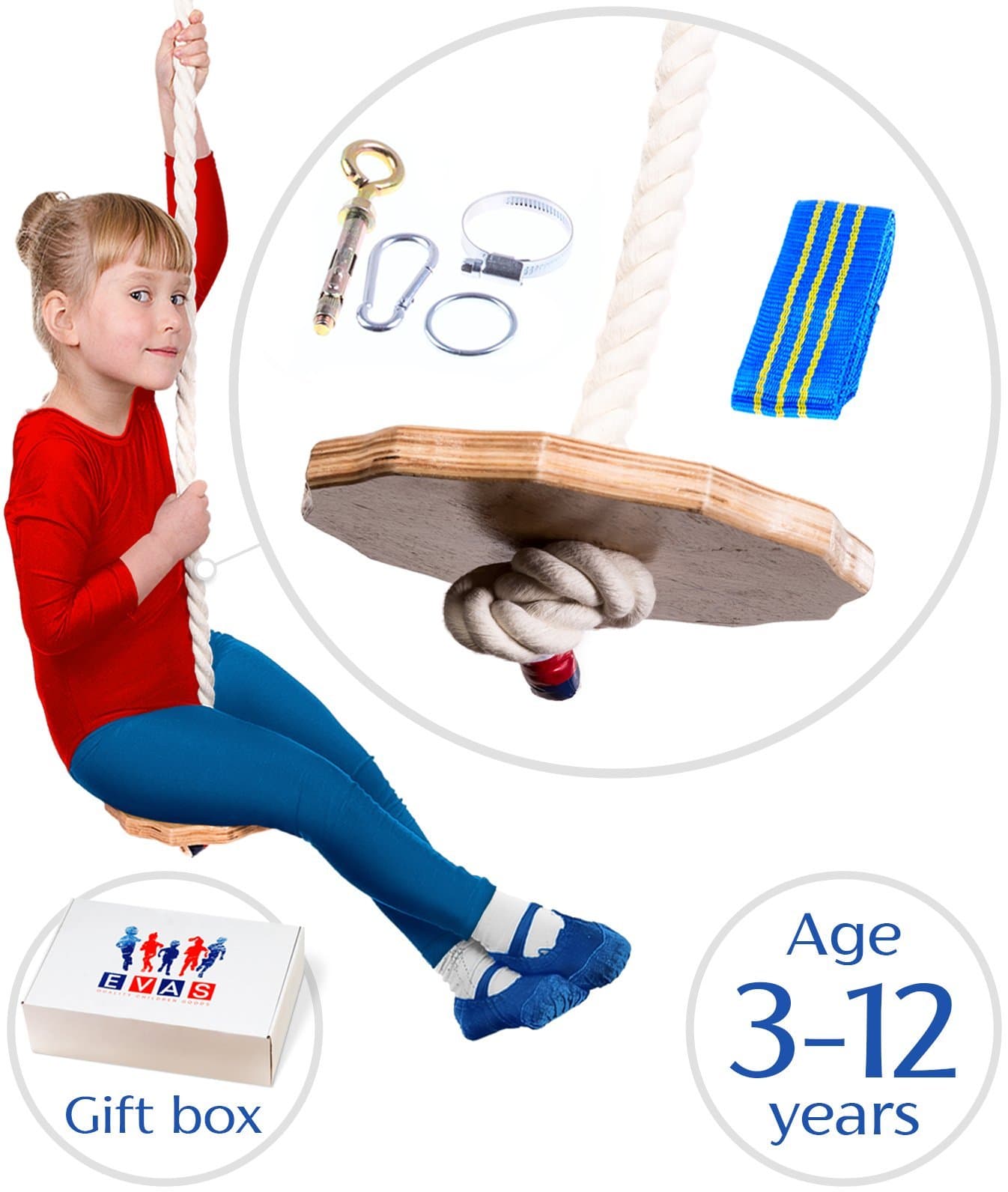 Swing for boys and girls - Tree backyard playground kids swing- Indoor Outdoor childrens swing - climbing rope with a round wooden disk seat for kids - Organic made from wood and 100% cotton