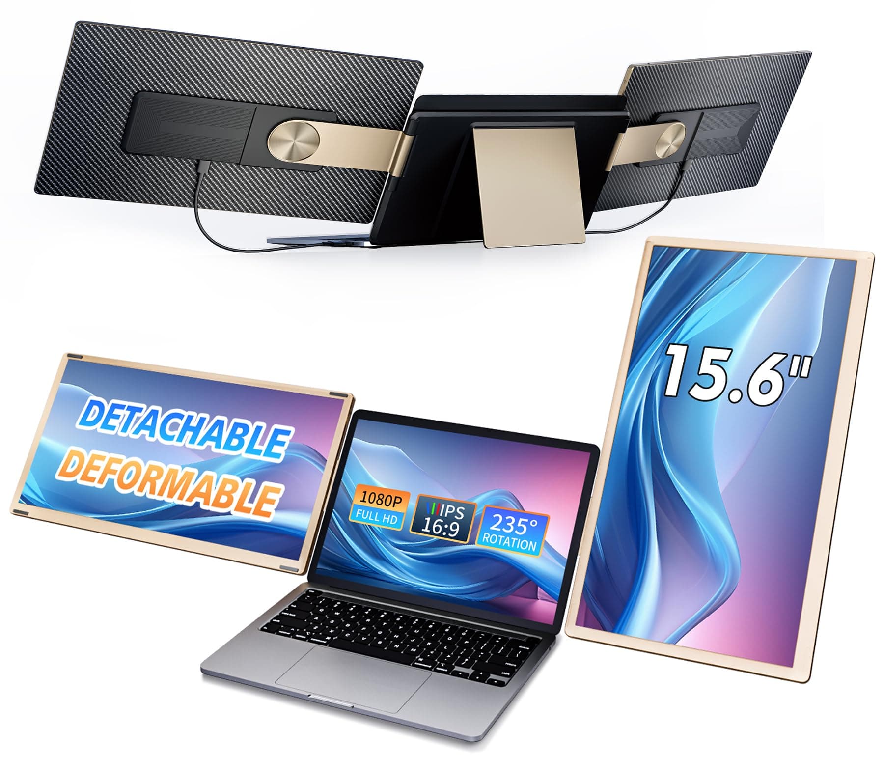 15.6" Triple Laptop Screen Extender, FHD 1080P IPS Laptop Monitor Extender, Detachable Screen Travel Monitor Laptops with Speakers, Plug&Play, Compatible with Mac/Android/Win