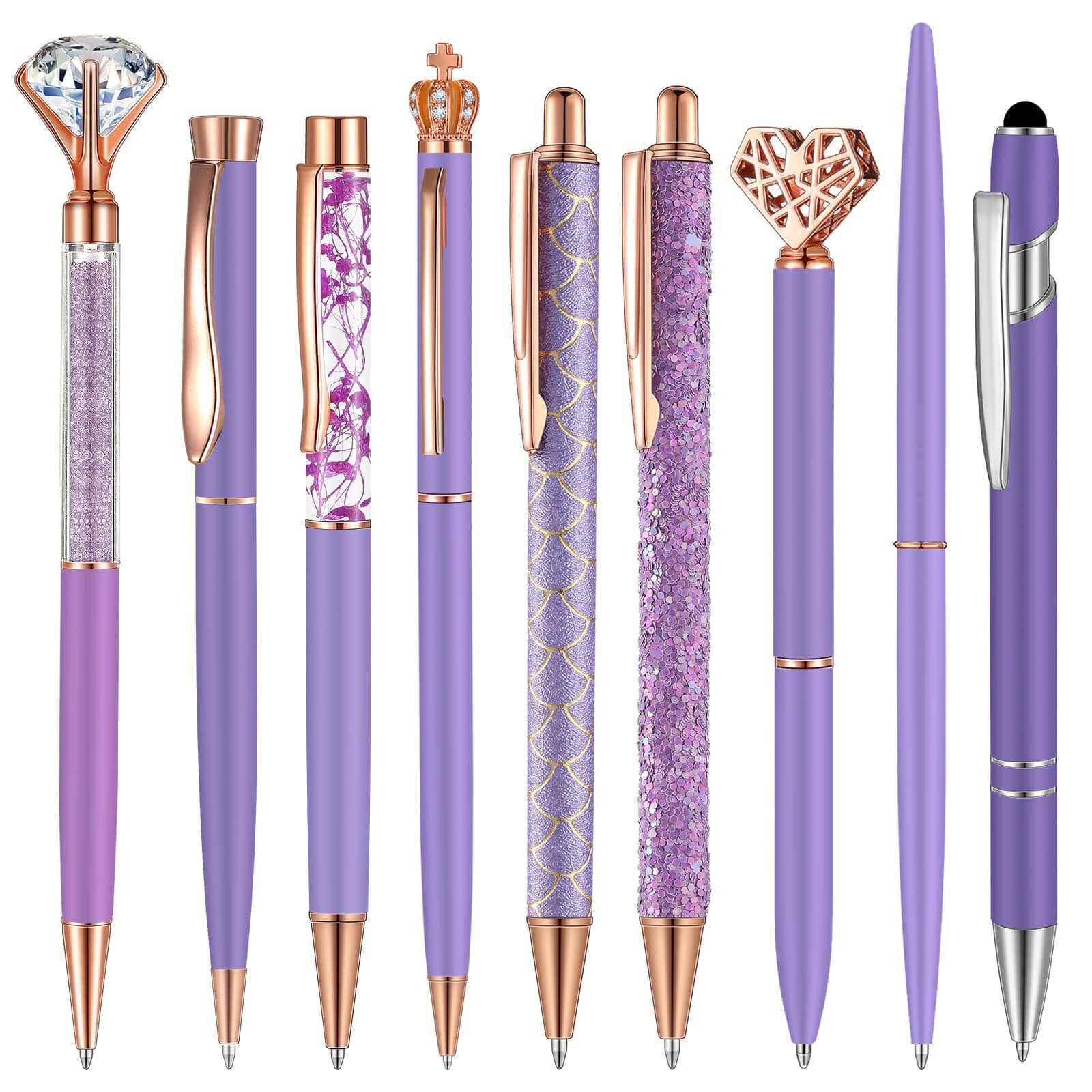 Janmini 9 Pcs Ballpoint Pens Set Metal Crystal Diamond Glitter Pens for Journaling Black Ink Pretty Cute Things Fancy Stationery Gifts for Women Girls Birthday Home Office Desk(Purple)