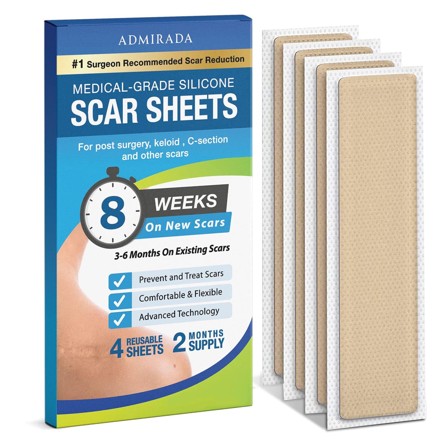 Scar Away Silicone Scar Sheets, Advanced Scar Removal for All Scar Types, Silicone Scar Tape [2 Month Supply]